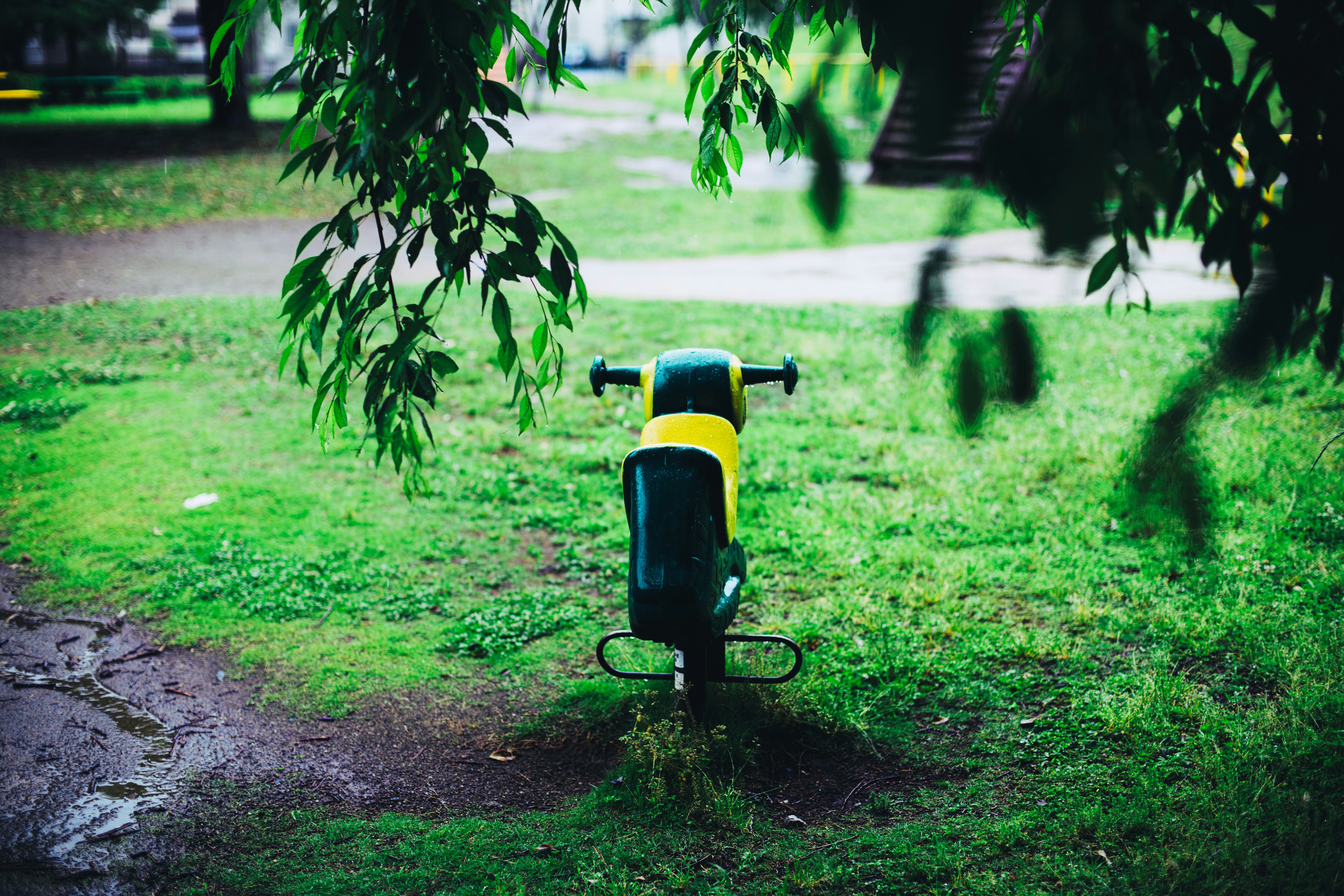 Peralatan bermain hijau dan kuning di area rumput taman