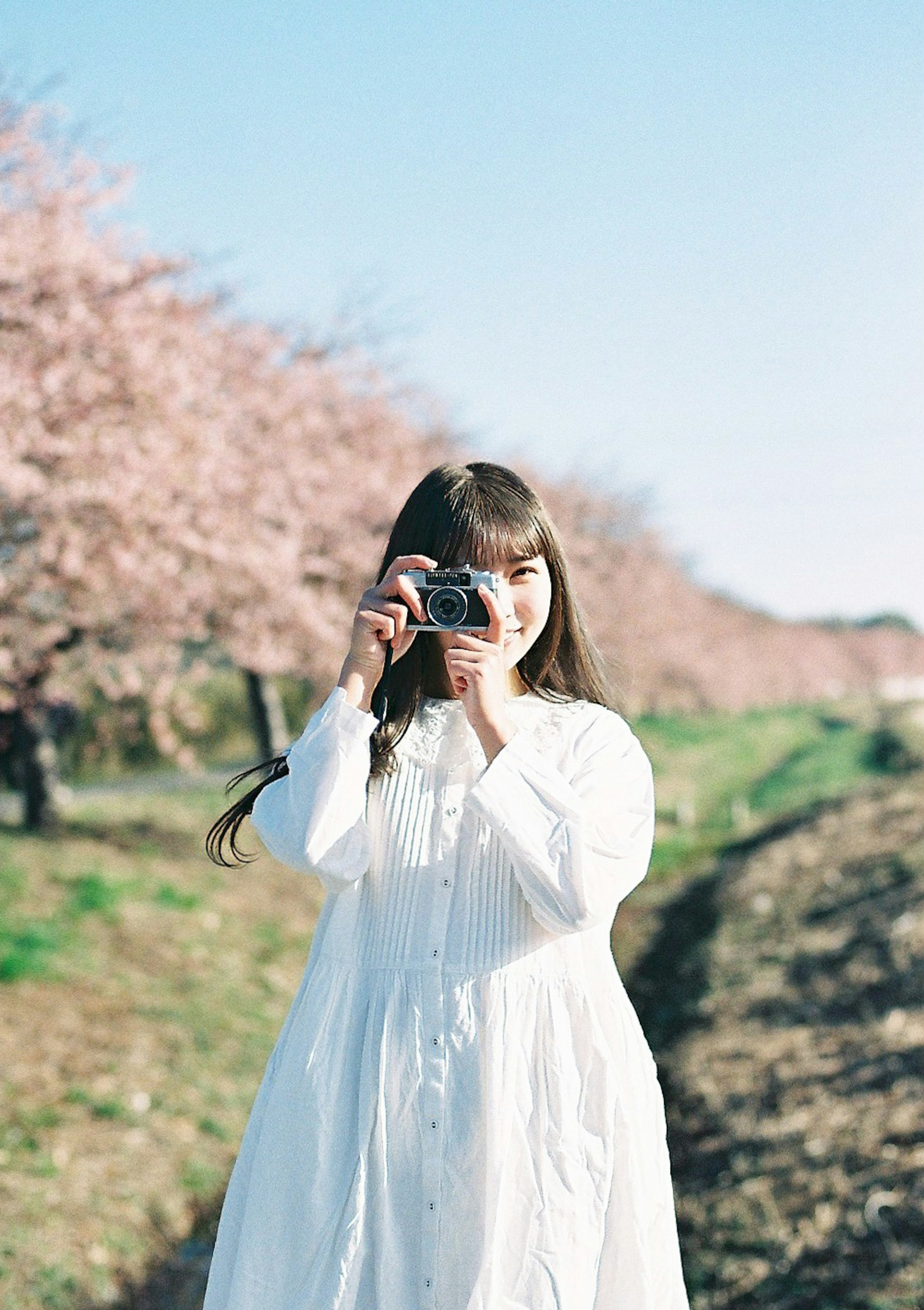 A woman in a white dress holding a camera smiling in a cherry blossom path