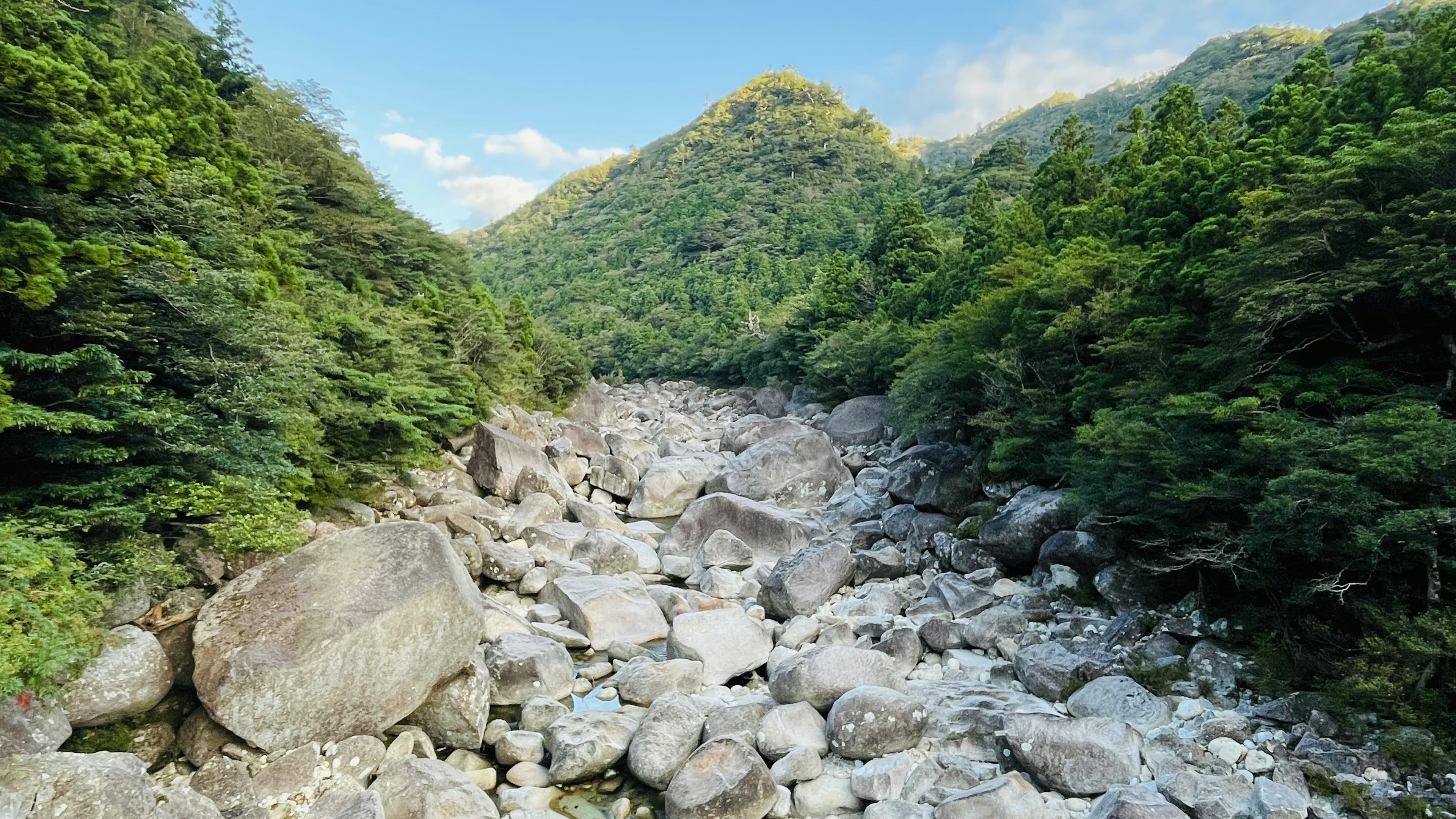 Scenic riverbed surrounded by lush mountains large rocks and pebbles scattered under a blue sky