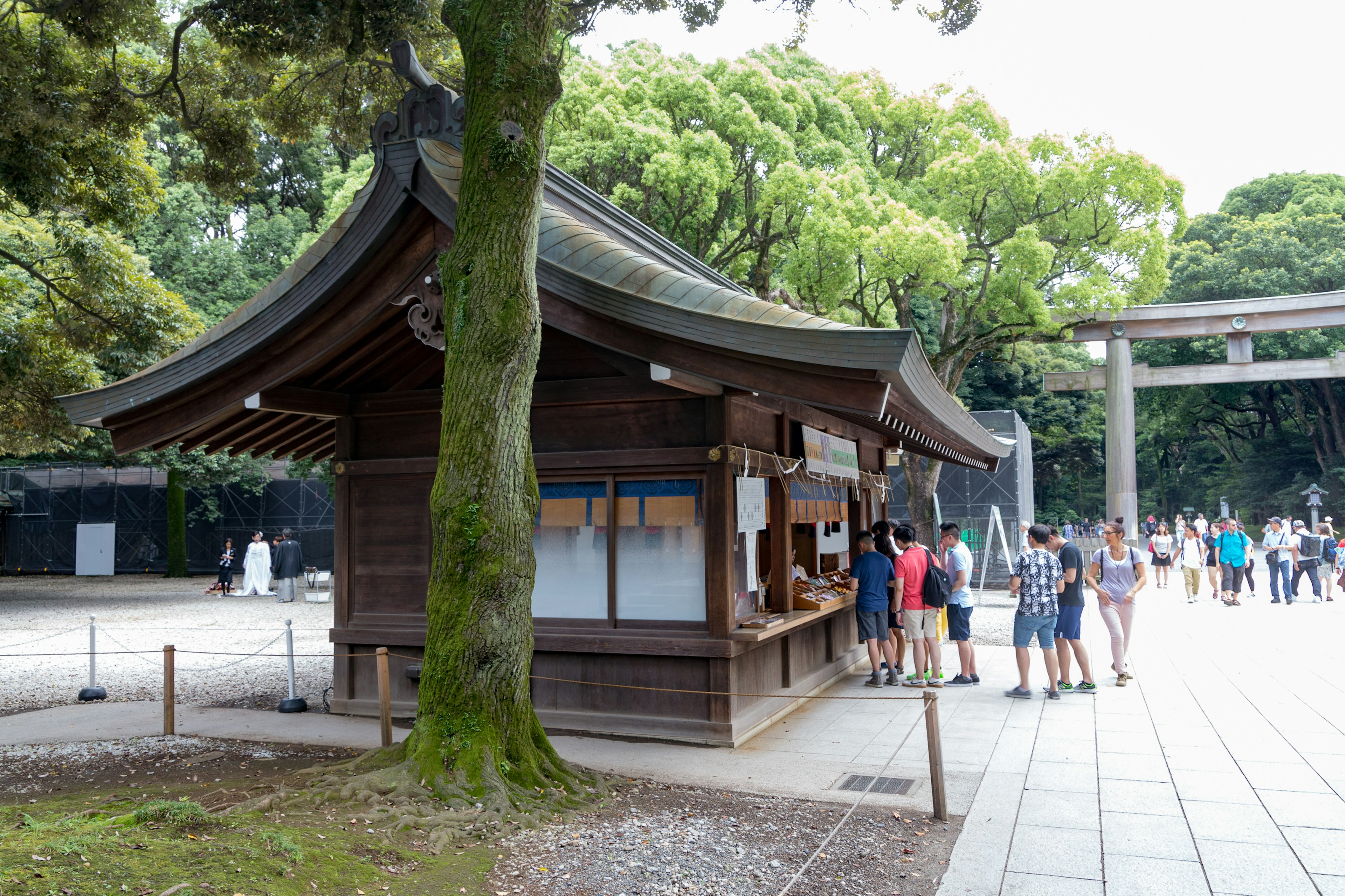 神社の近くにある木造の建物と観光客