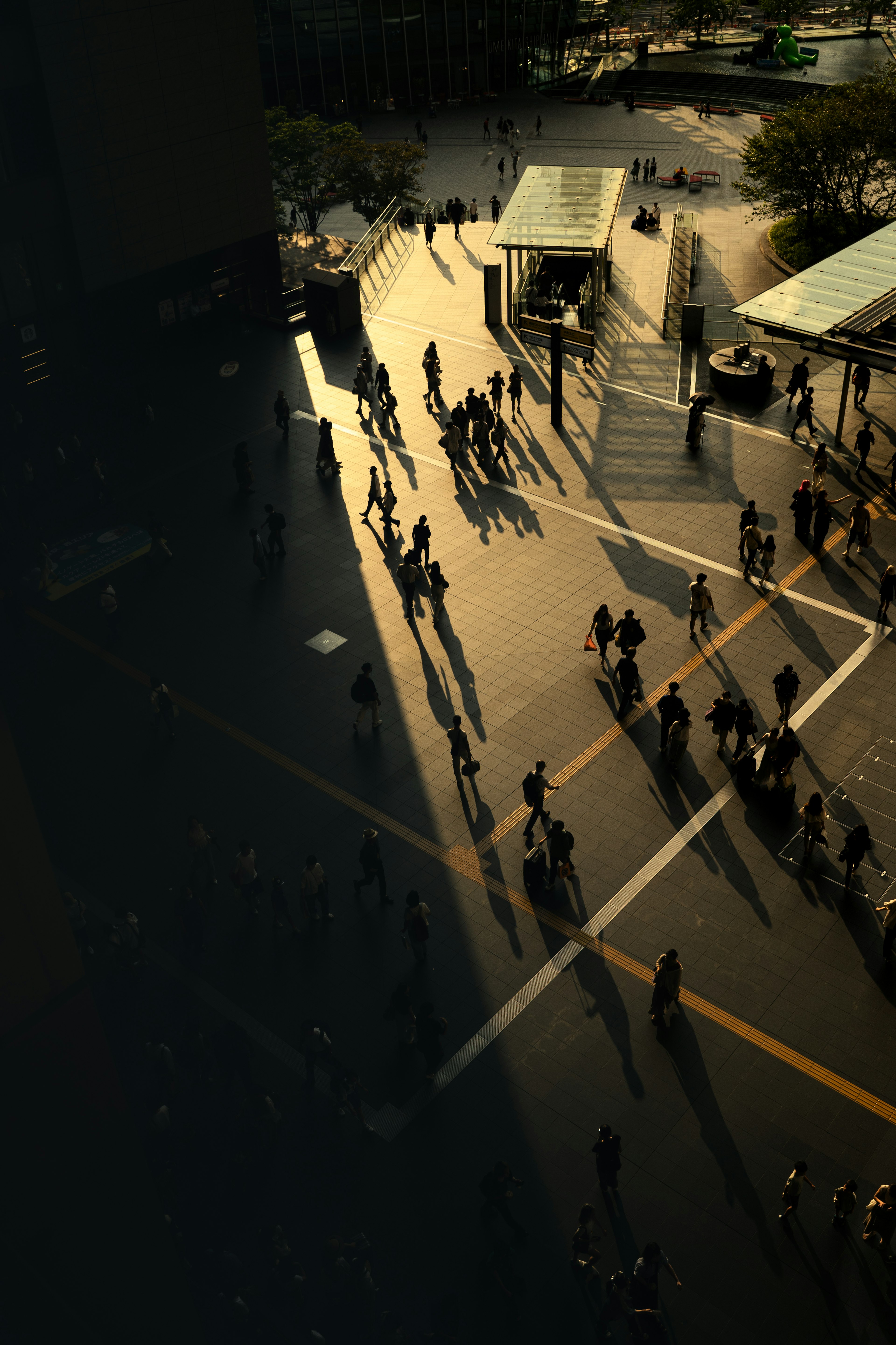 Vista aérea de personas caminando en una intersección al atardecer