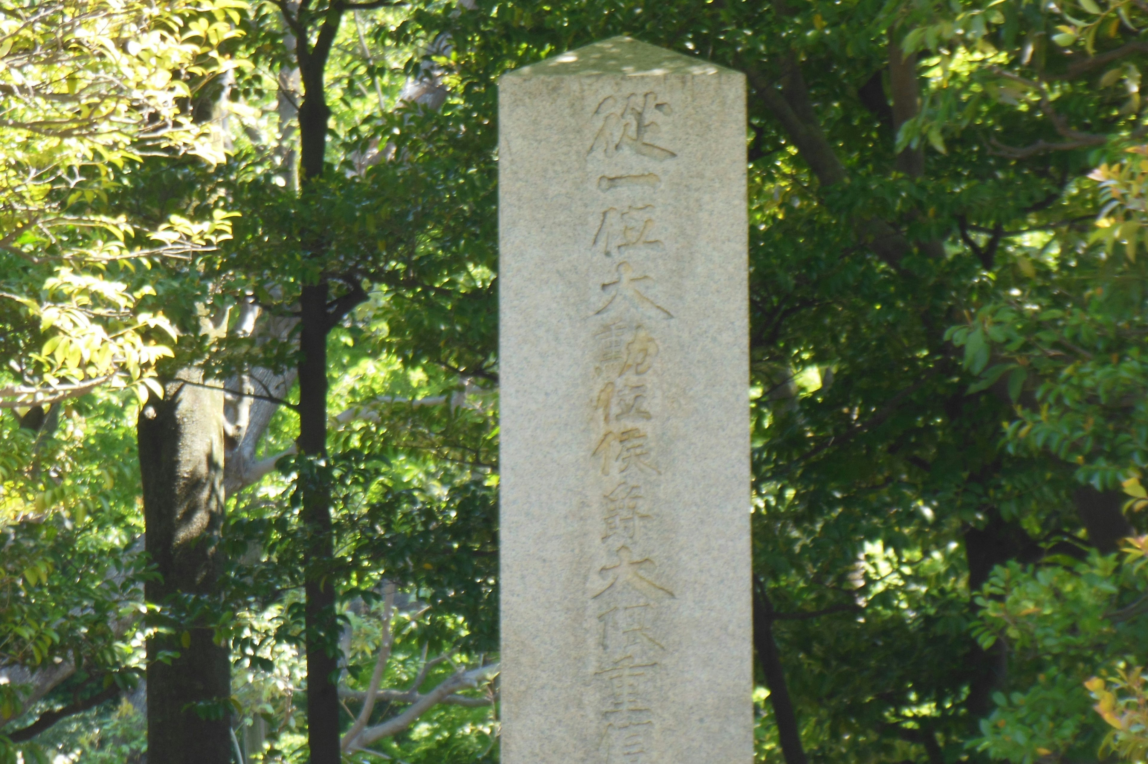 Stone monument surrounded by green trees with ancient inscriptions