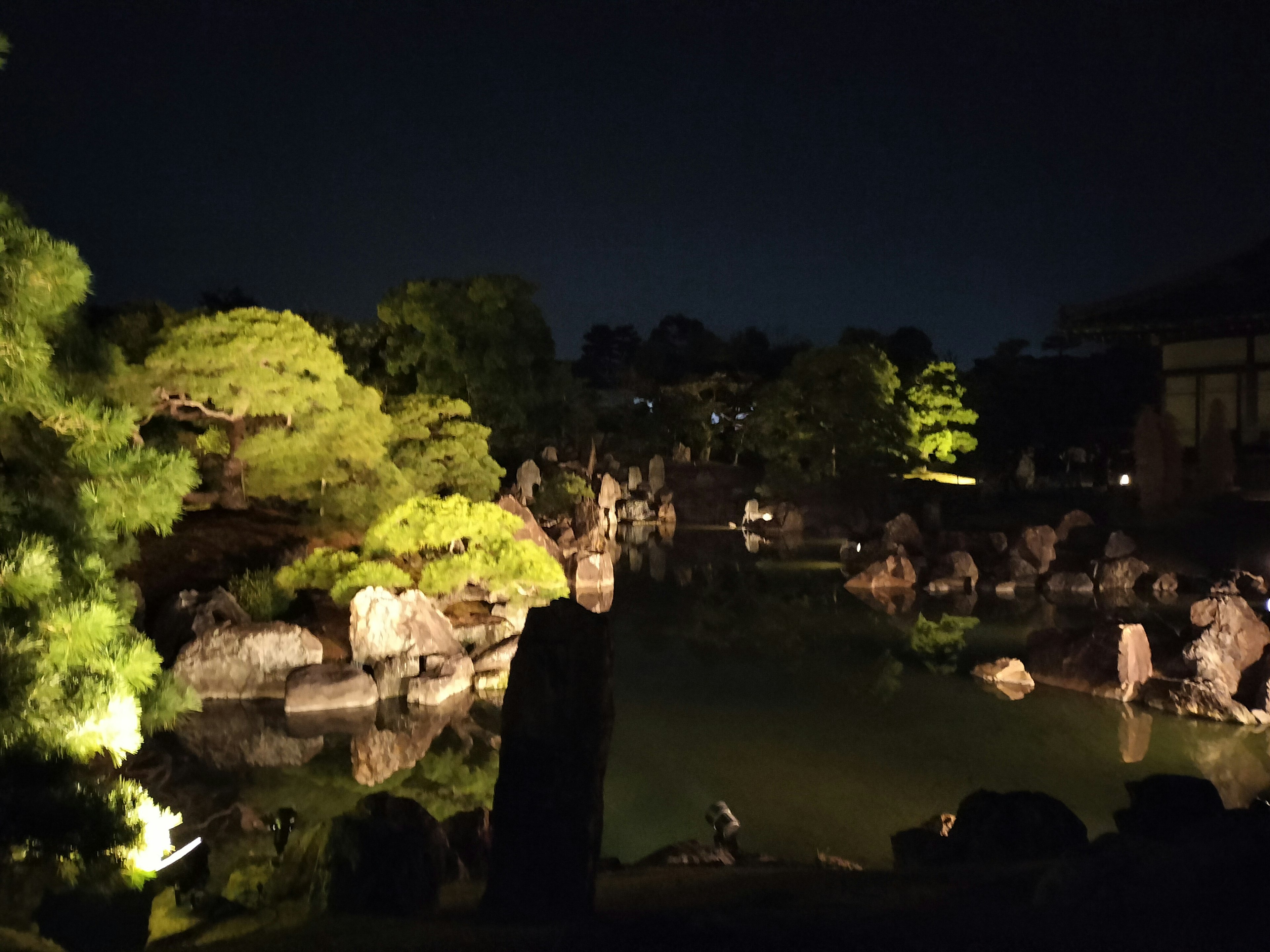 Vista nocturna de un jardín japonés con un estanque y arreglos de piedras