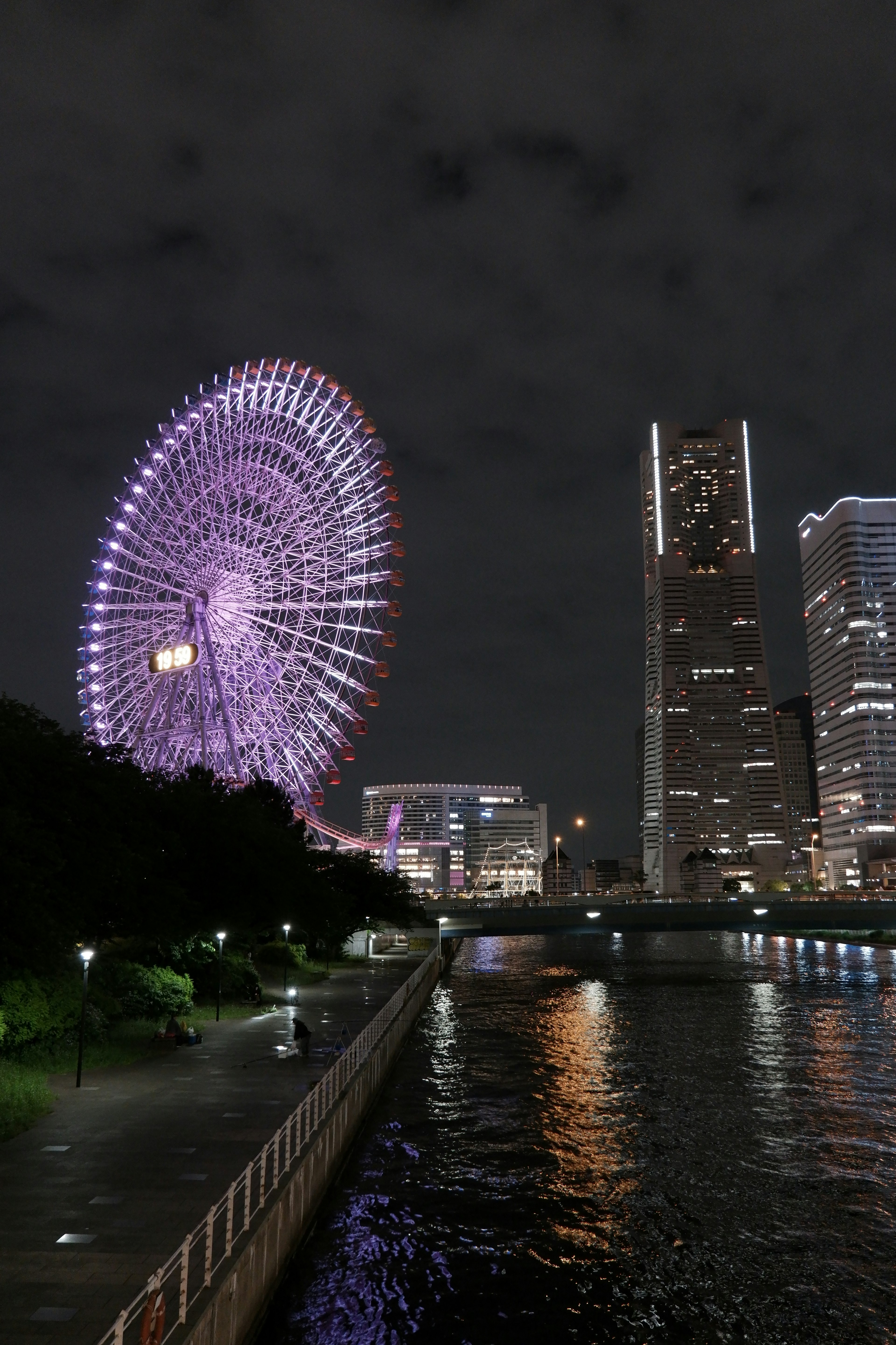 夜の横浜の観覧車と高層ビル群の美しい景観