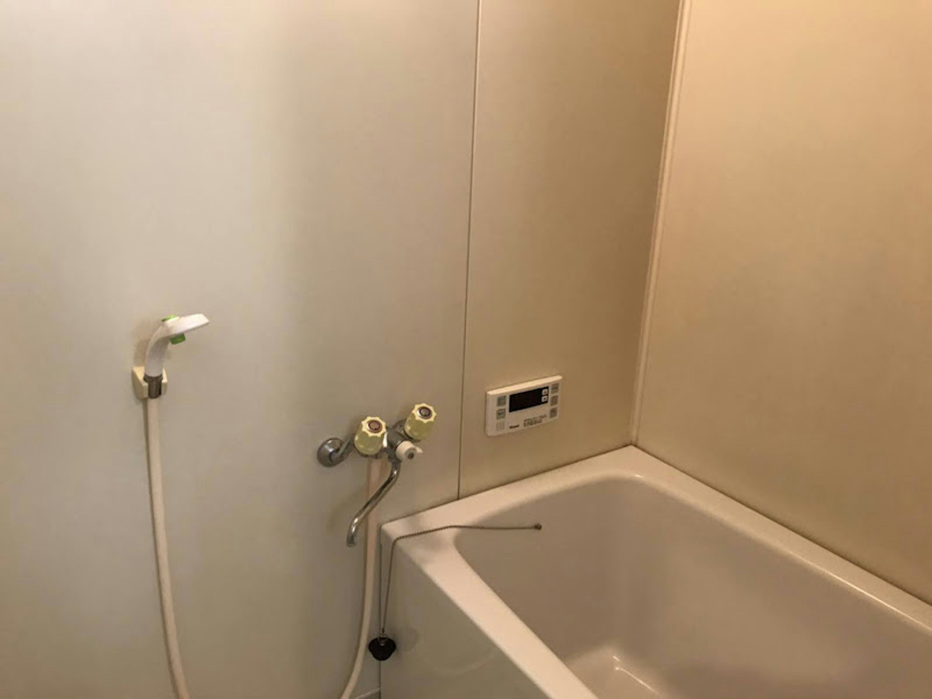 Interior de un baño con bañera blanca y accesorios de ducha