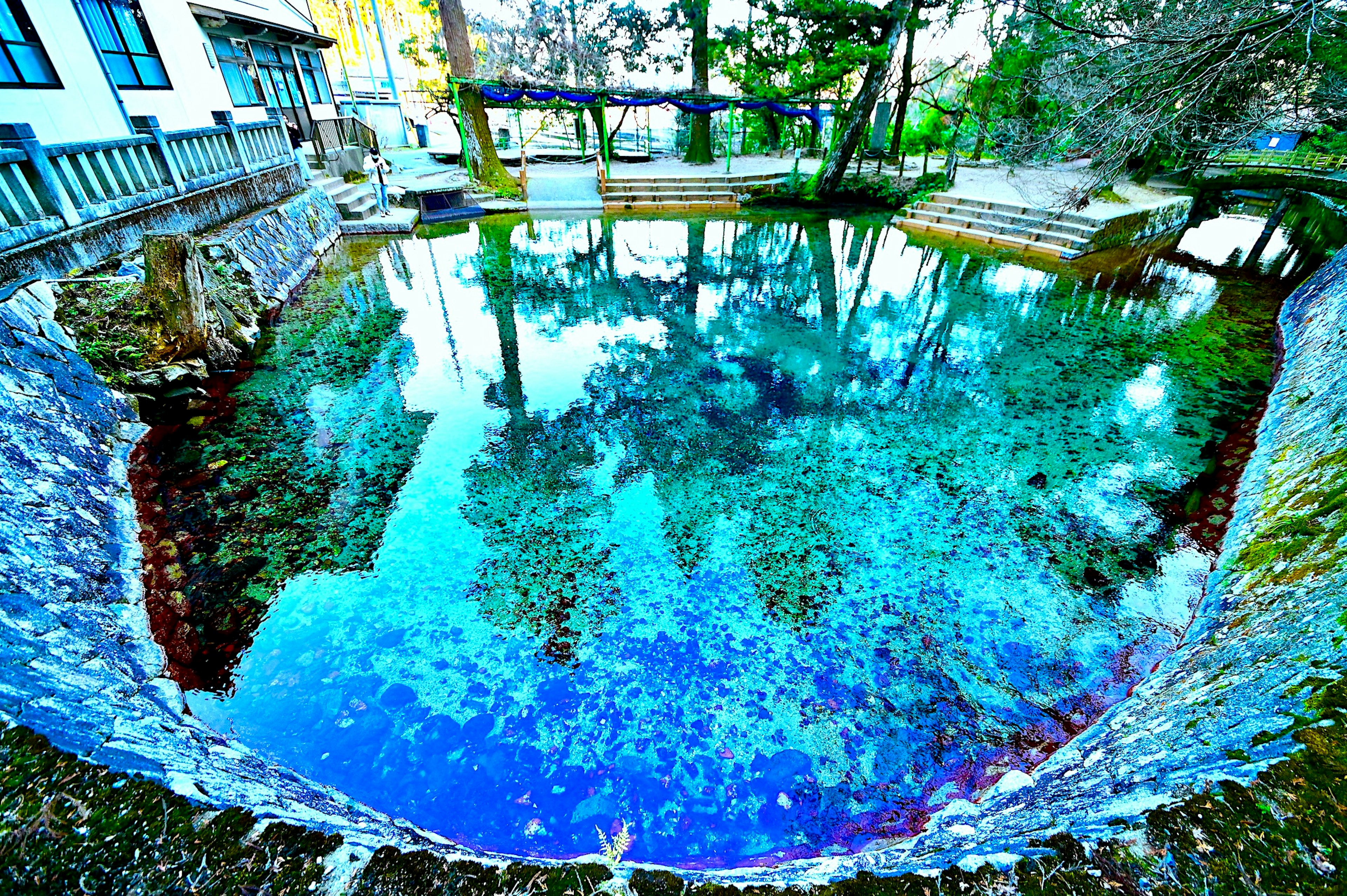 A scenic pond with clear blue water reflecting trees nearby featuring stone steps and a building in the background