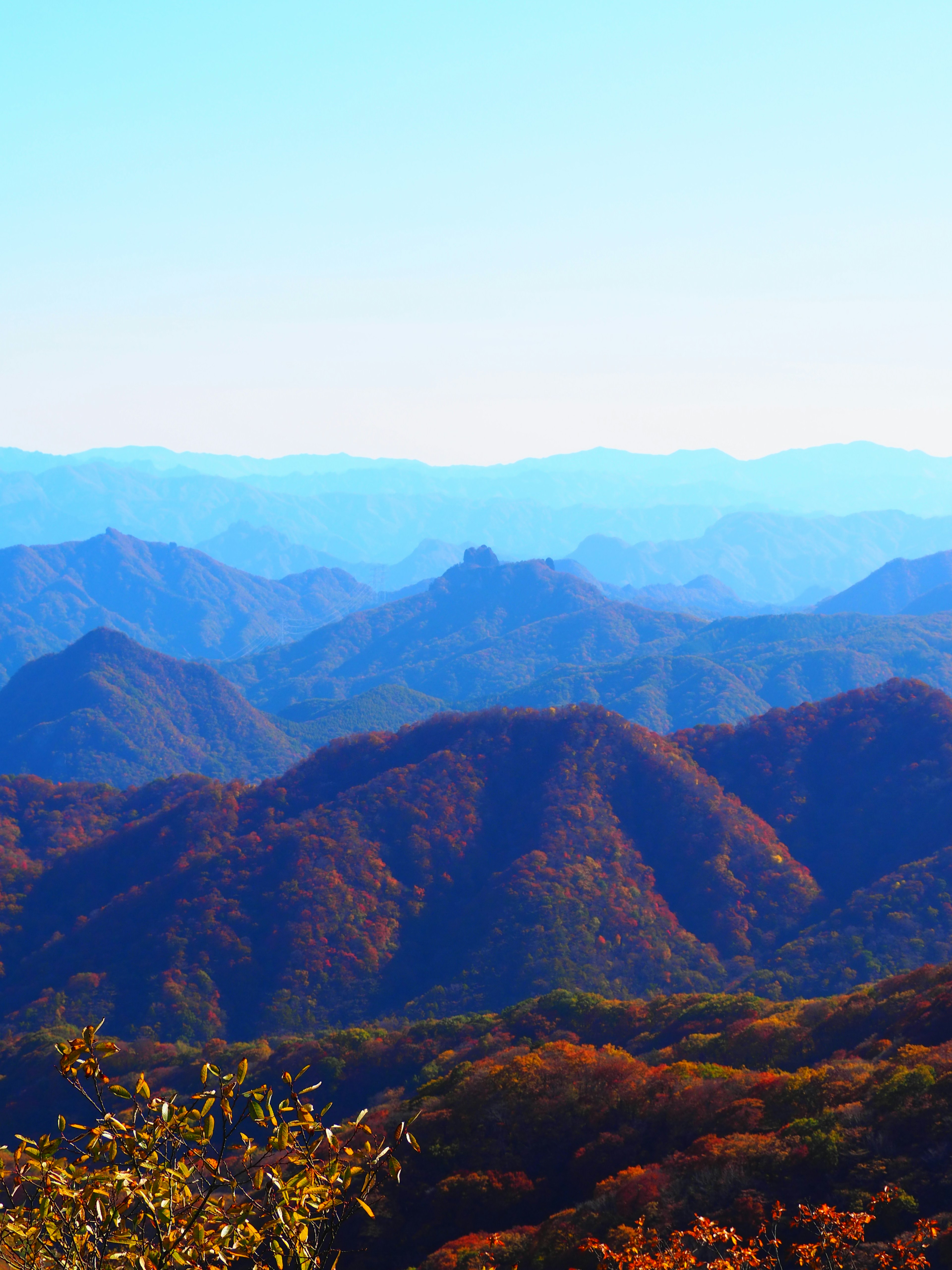 Paesaggio montano autunnale vibrante sotto un cielo blu chiaro