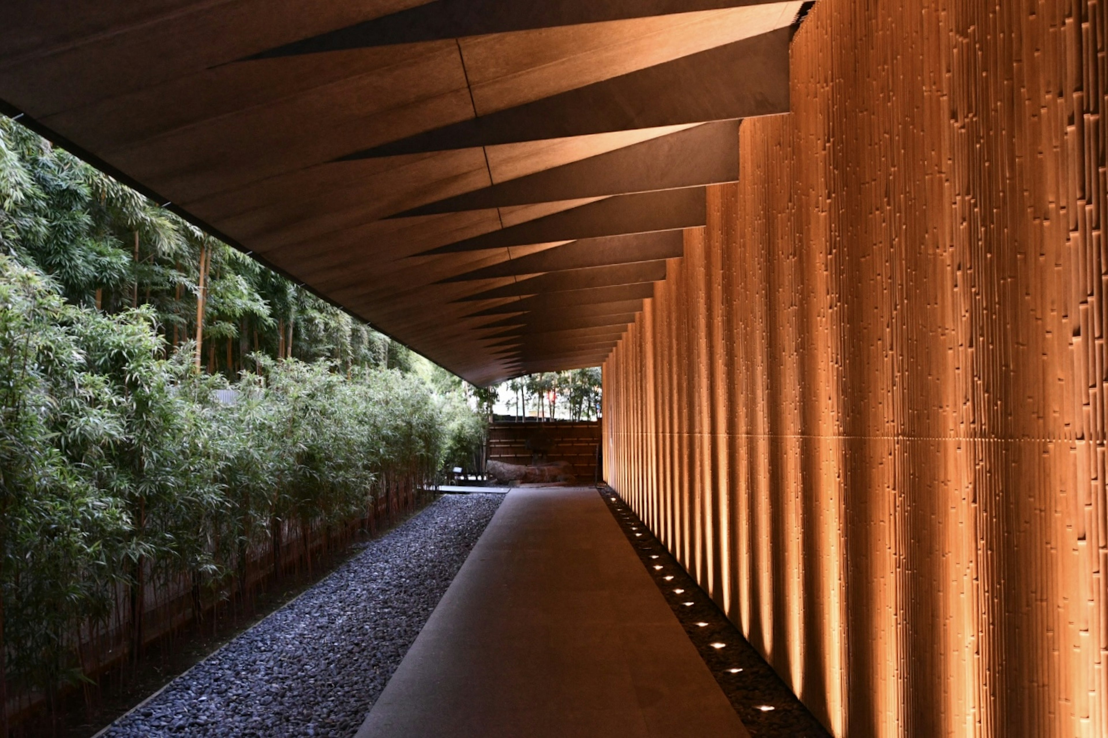 Corredor arquitectónico moderno con iluminación ambiental y paisajismo de bambú