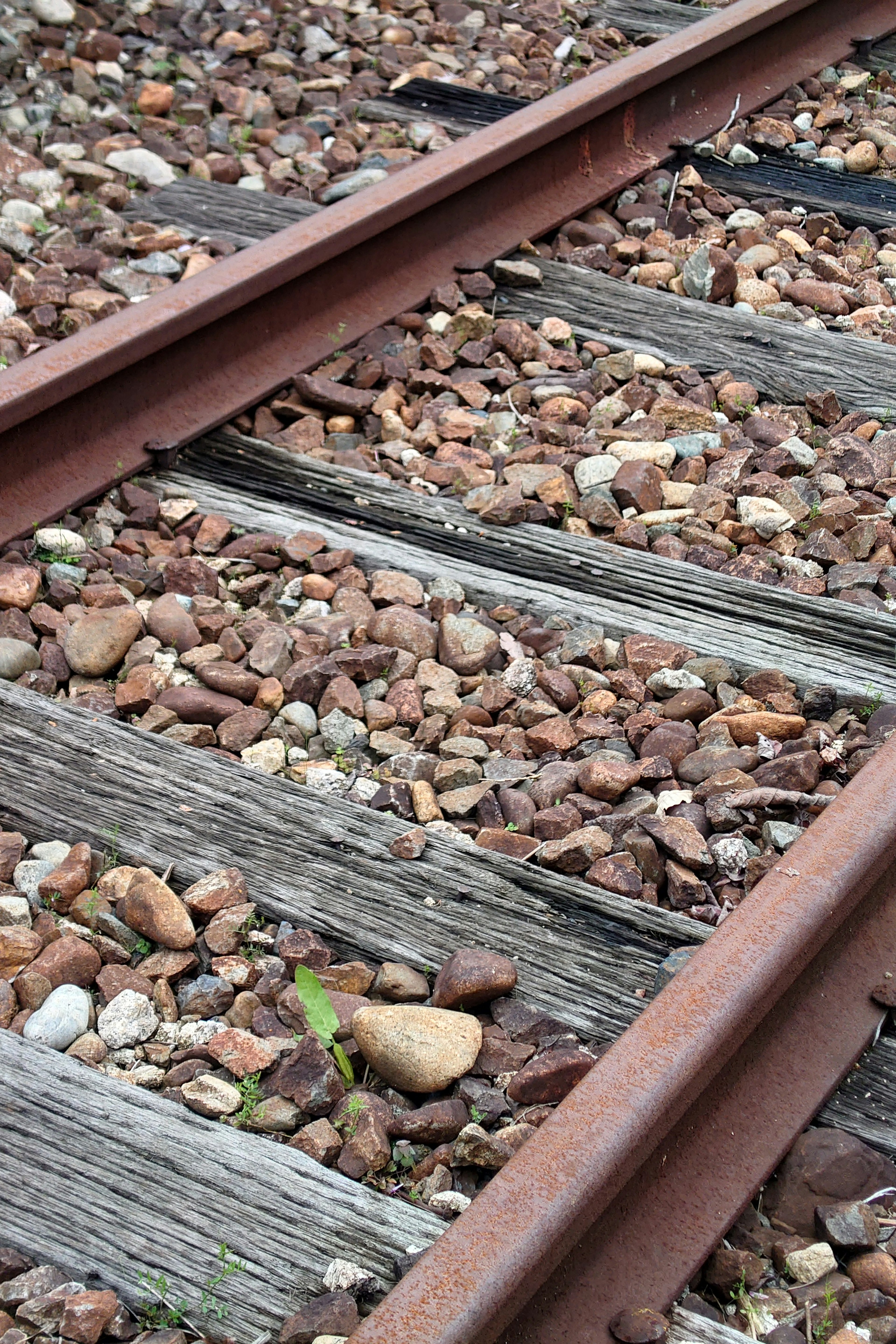 Close-up of railway tracks with gravel and wooden ties