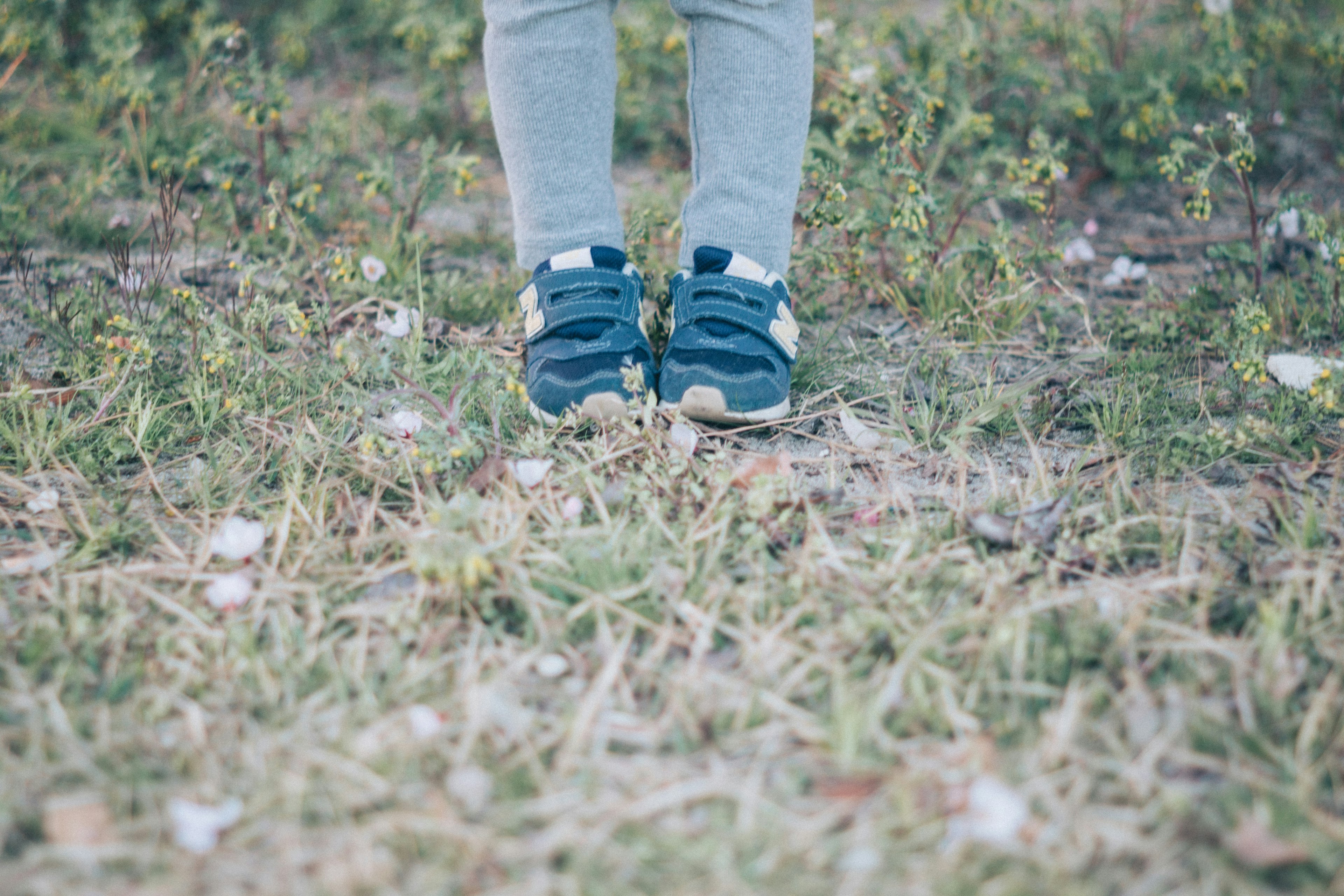 Füße in blauen Turnschuhen, die auf Gras stehen