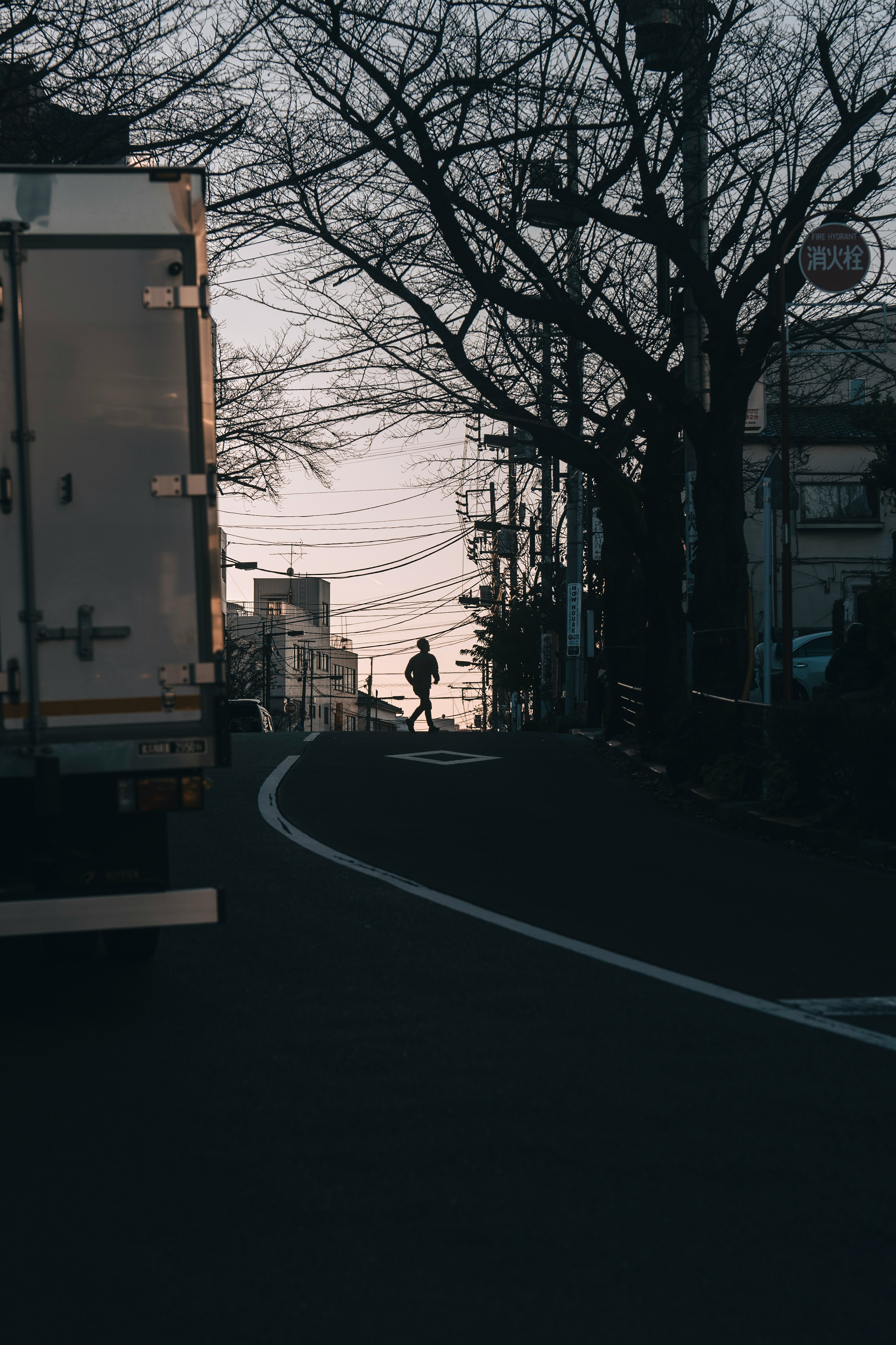 Silhouette di una persona che cammina su una strada curva accanto a un camion al crepuscolo invernale