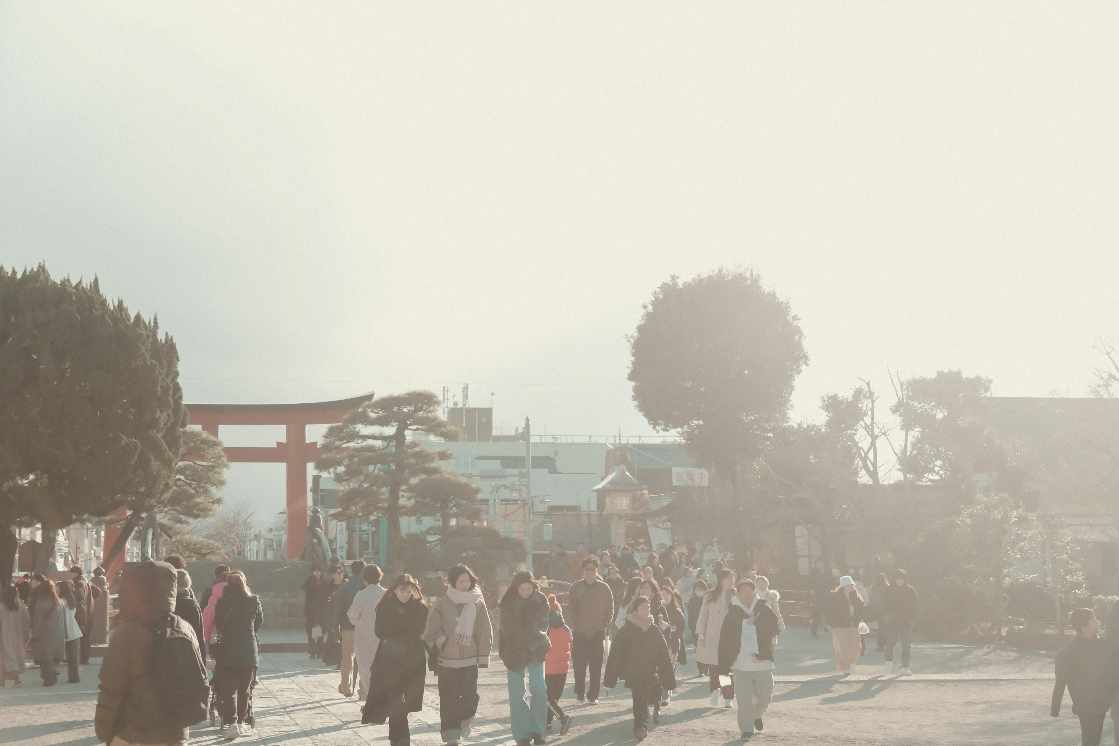 People walking near a shrine's torii gate in a bright atmosphere