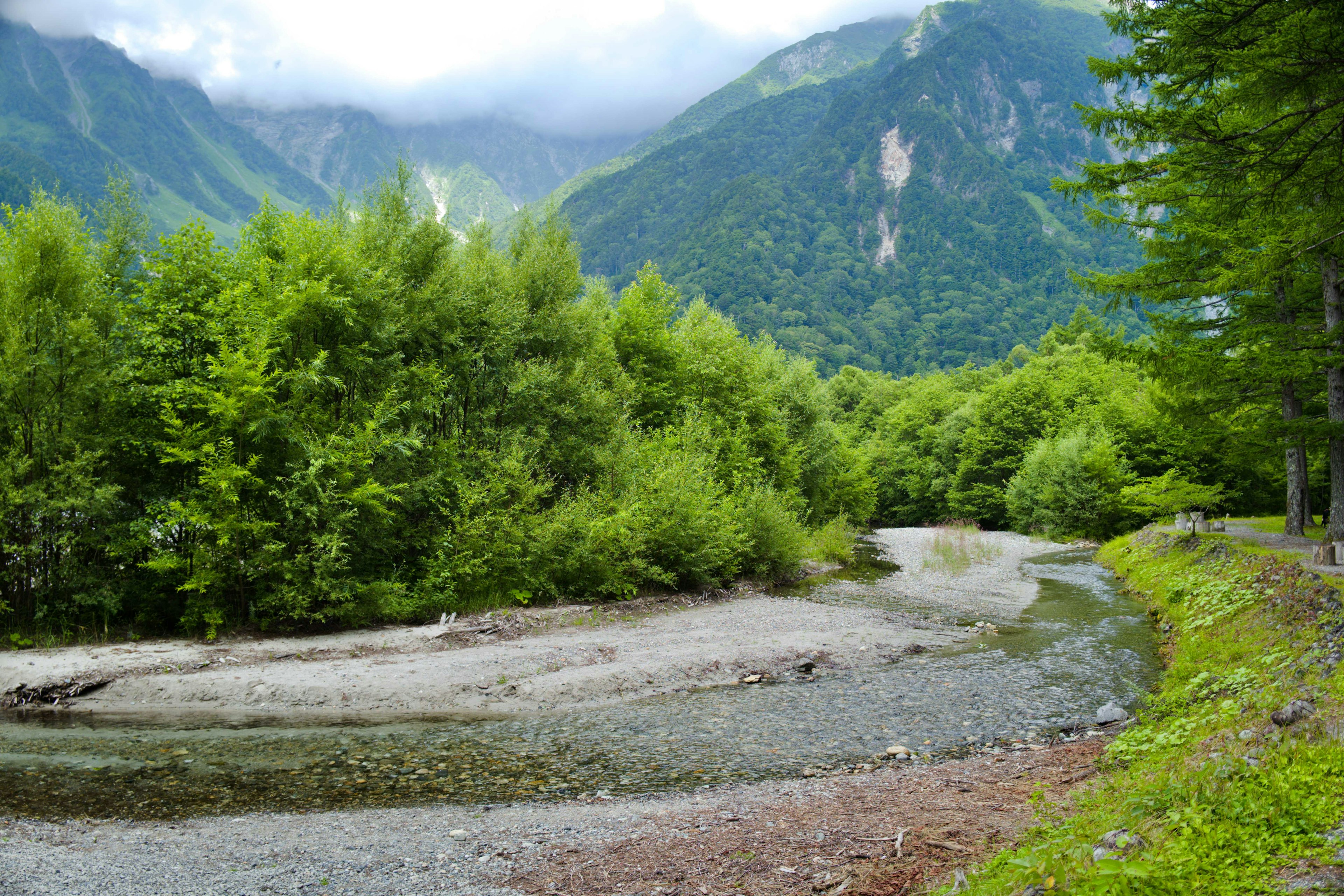 Scenic river landscape surrounded by lush green mountains