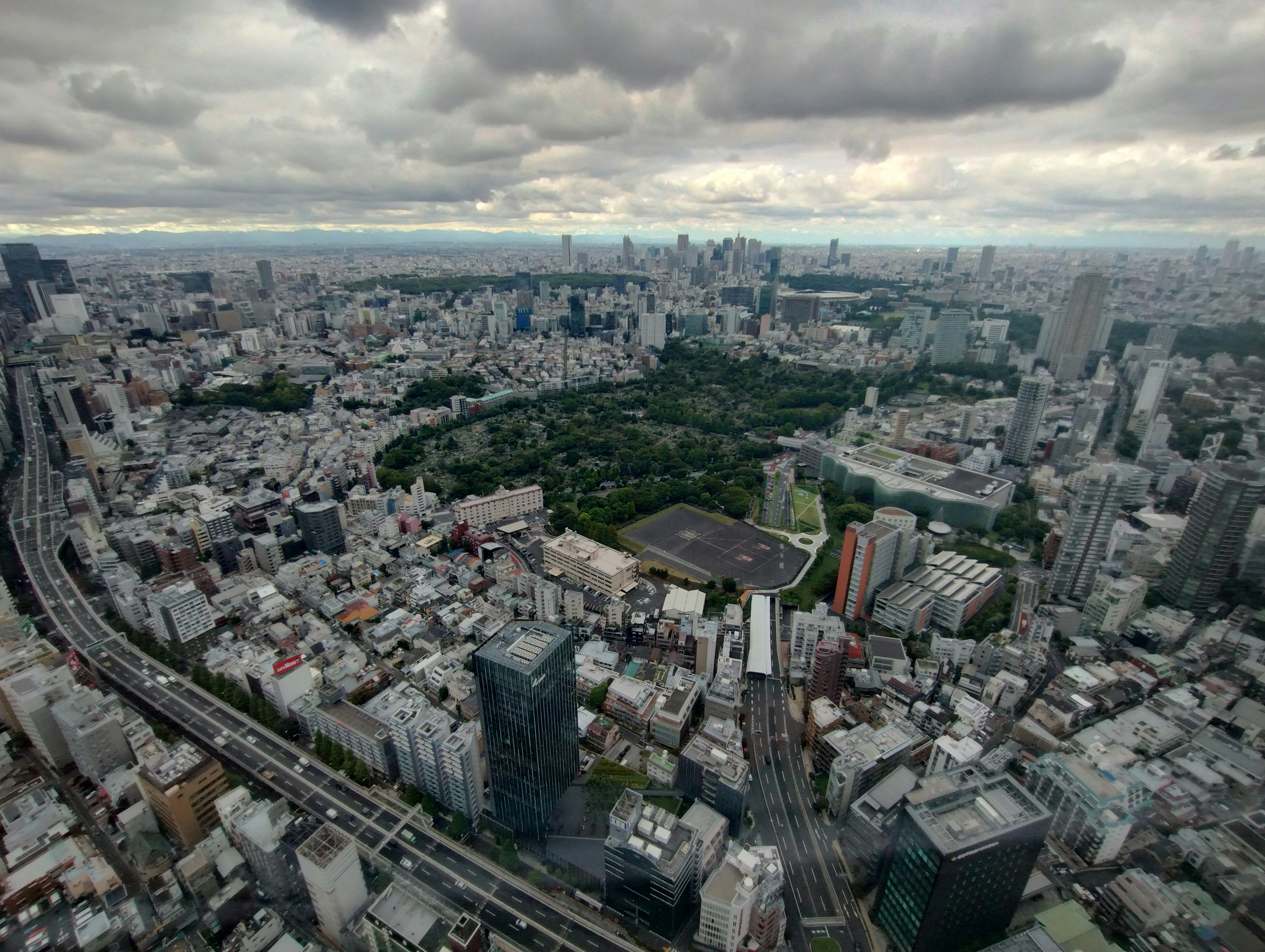 Vista aerea di Tokyo con grattacieli e un parco verde