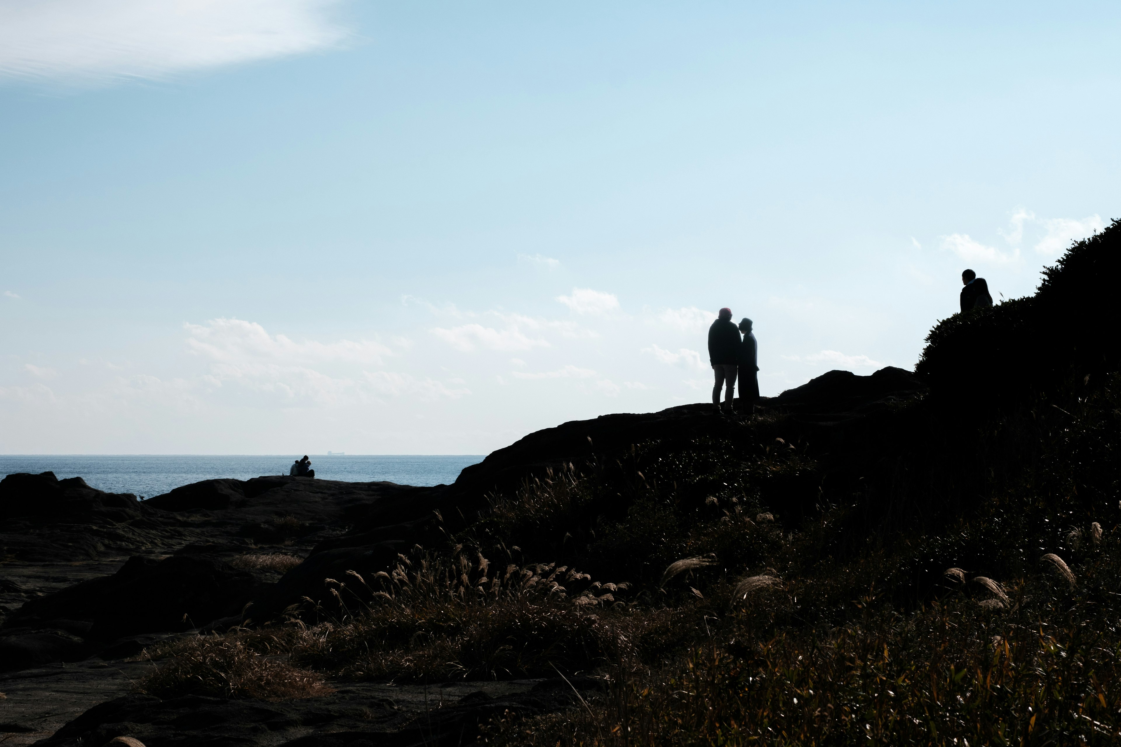 Silueta de una pareja con vista costera y paisaje rocoso