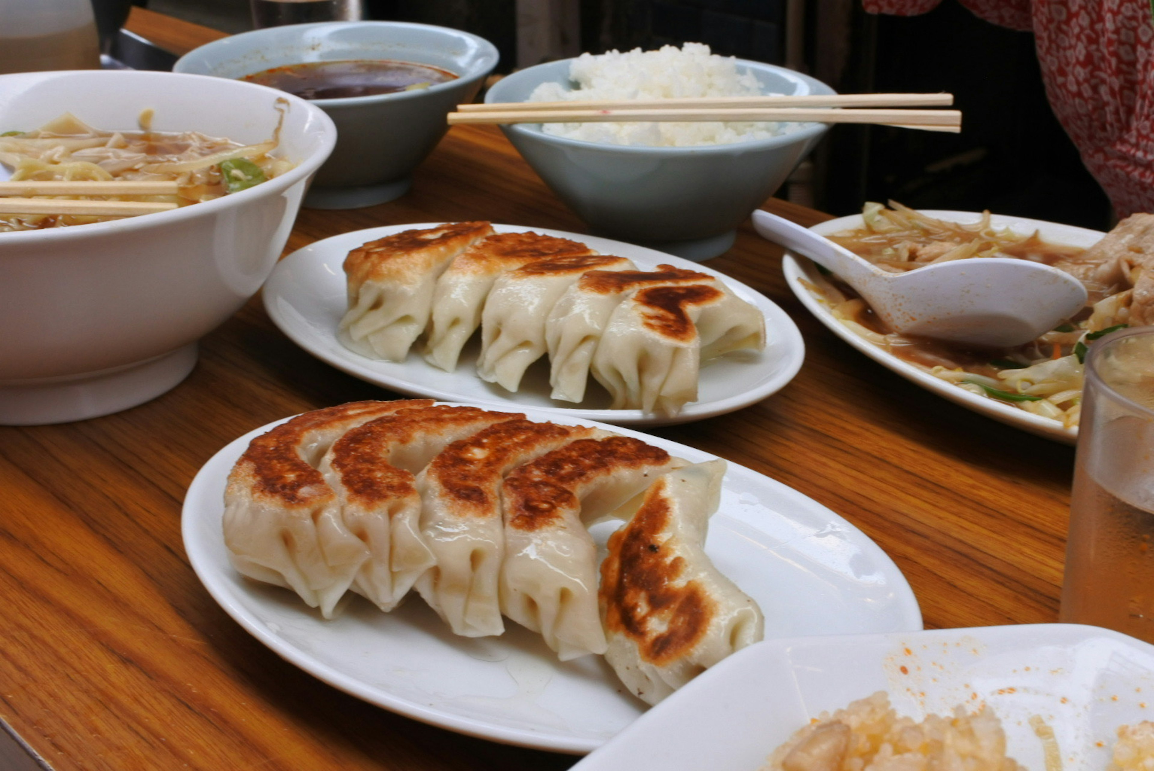 Teller mit knusprigen Gyoza, Reis und Suppe auf einem Esstisch