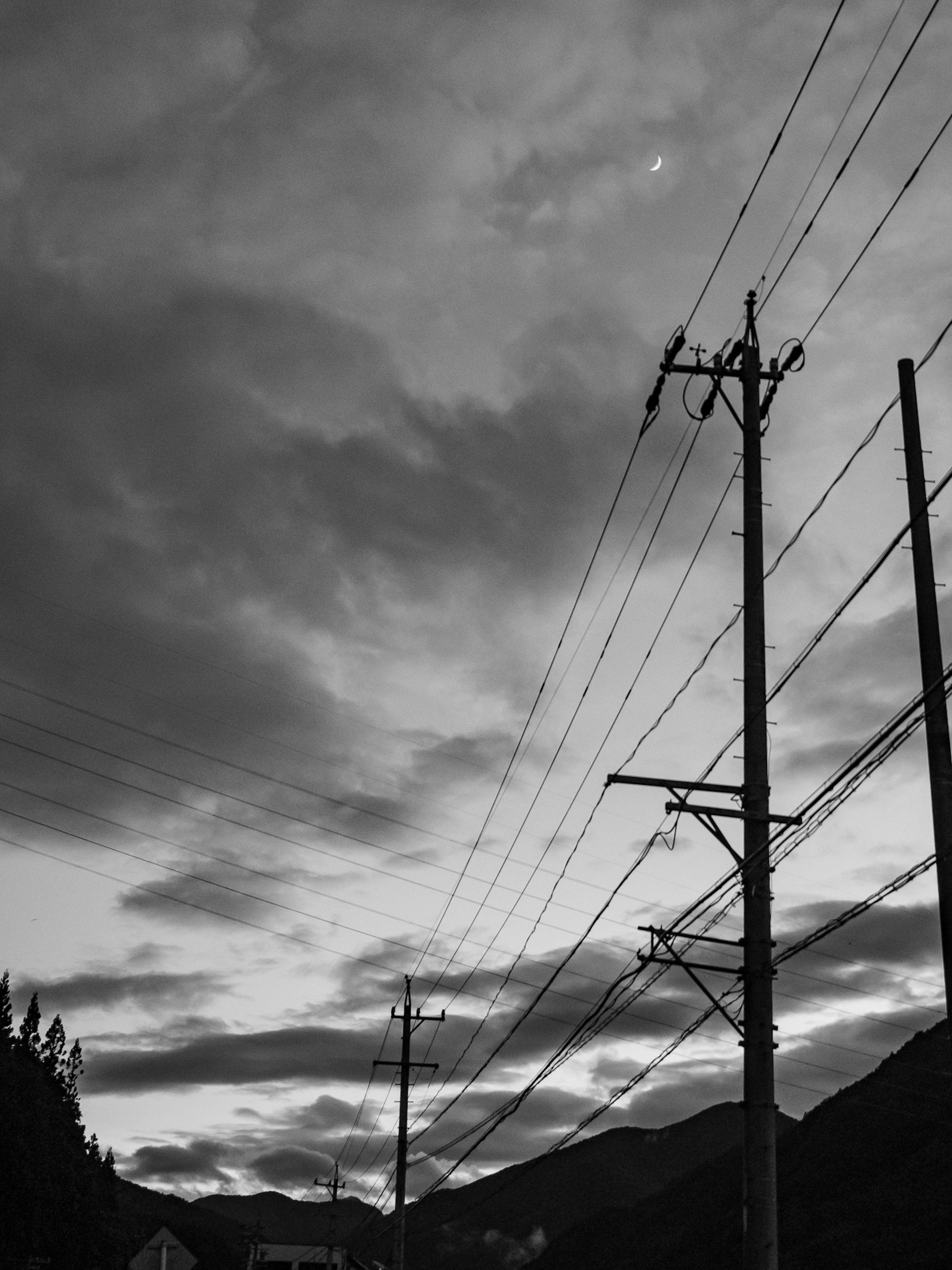 Silhouette de poteaux électriques contre un ciel noir et blanc dramatique