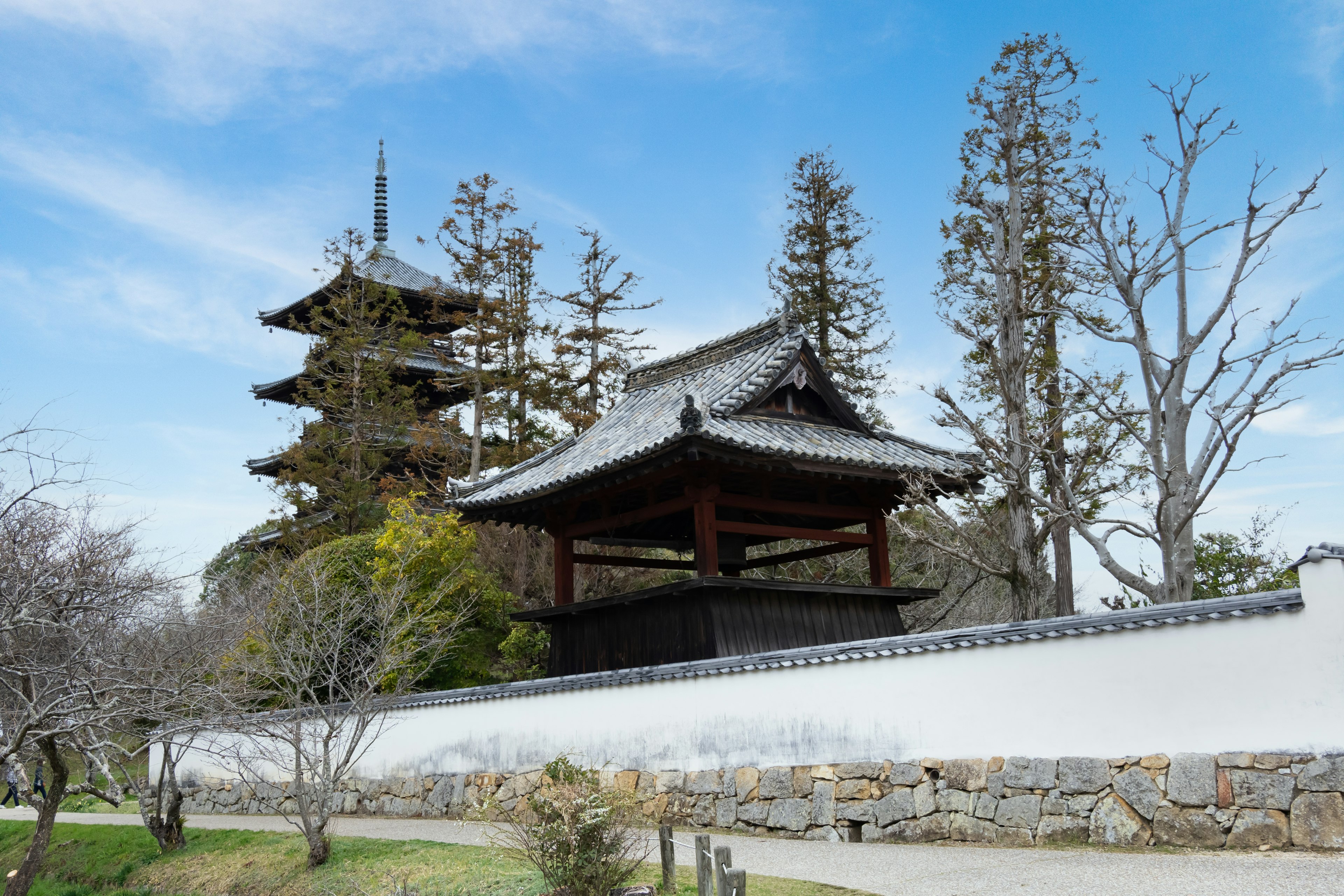 美しい日本の寺院と五重塔が青空の下に立っている