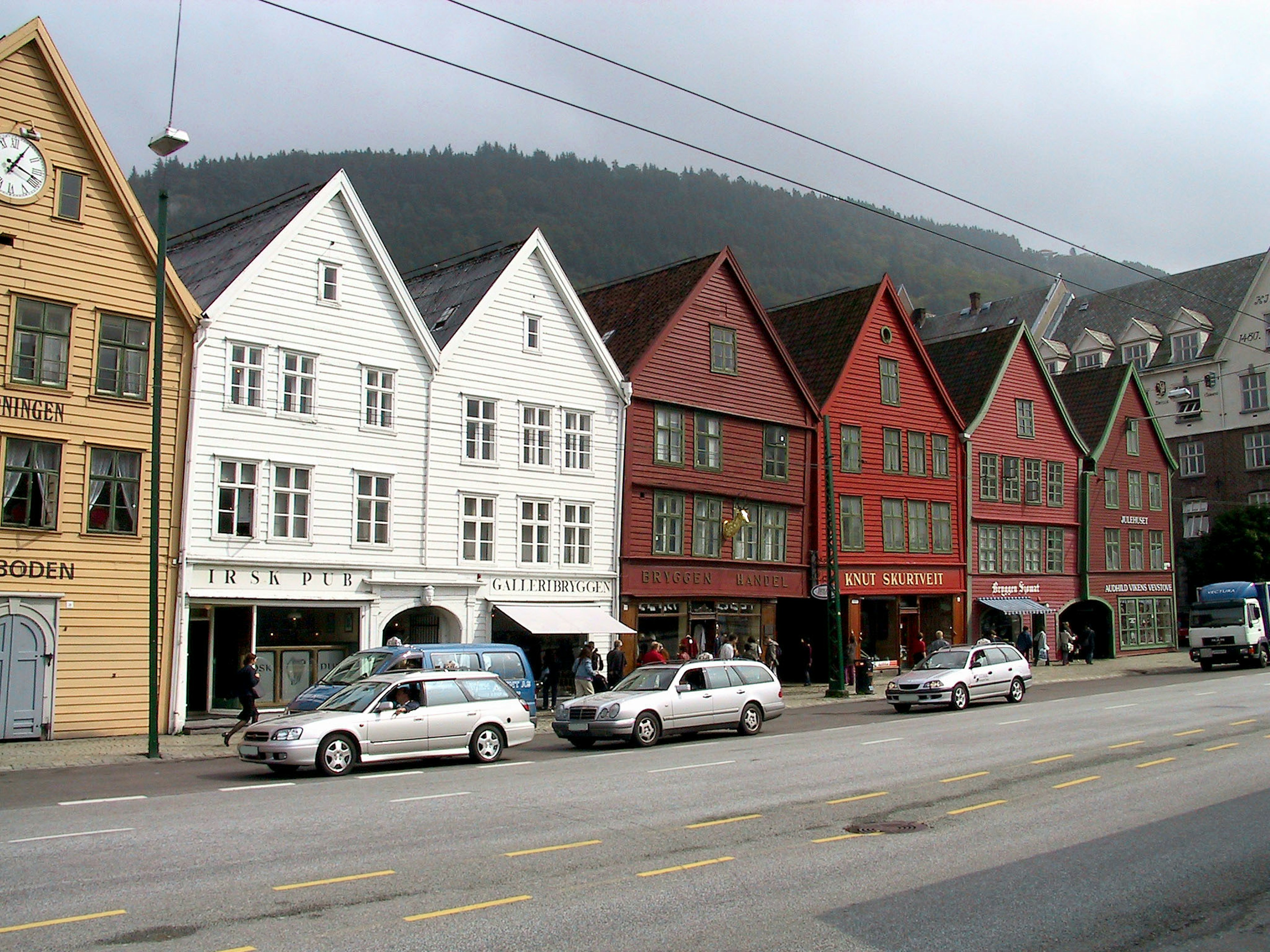 Colorful wooden buildings lining a street