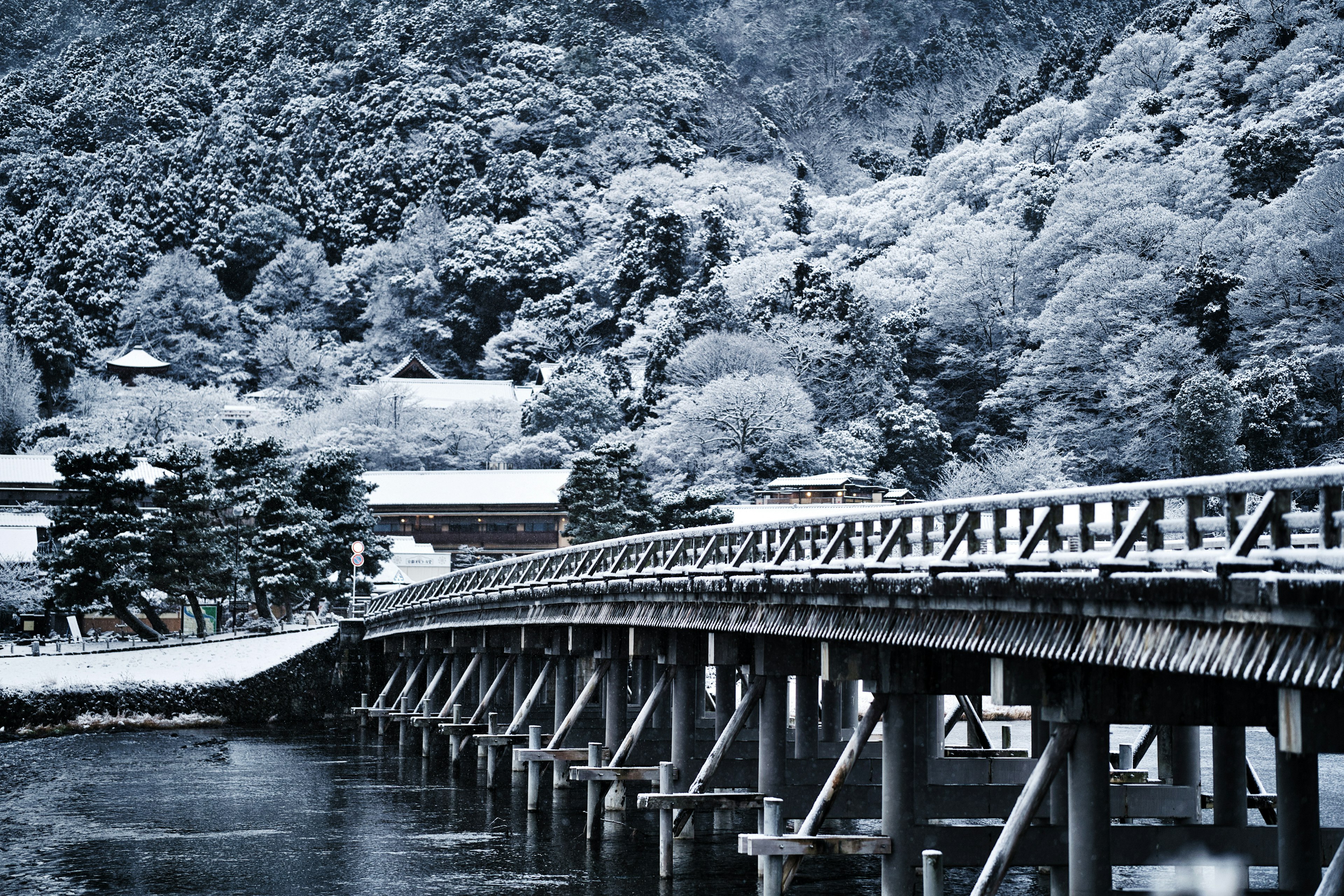 Escena invernal con un puente cubierto de nieve y paisaje