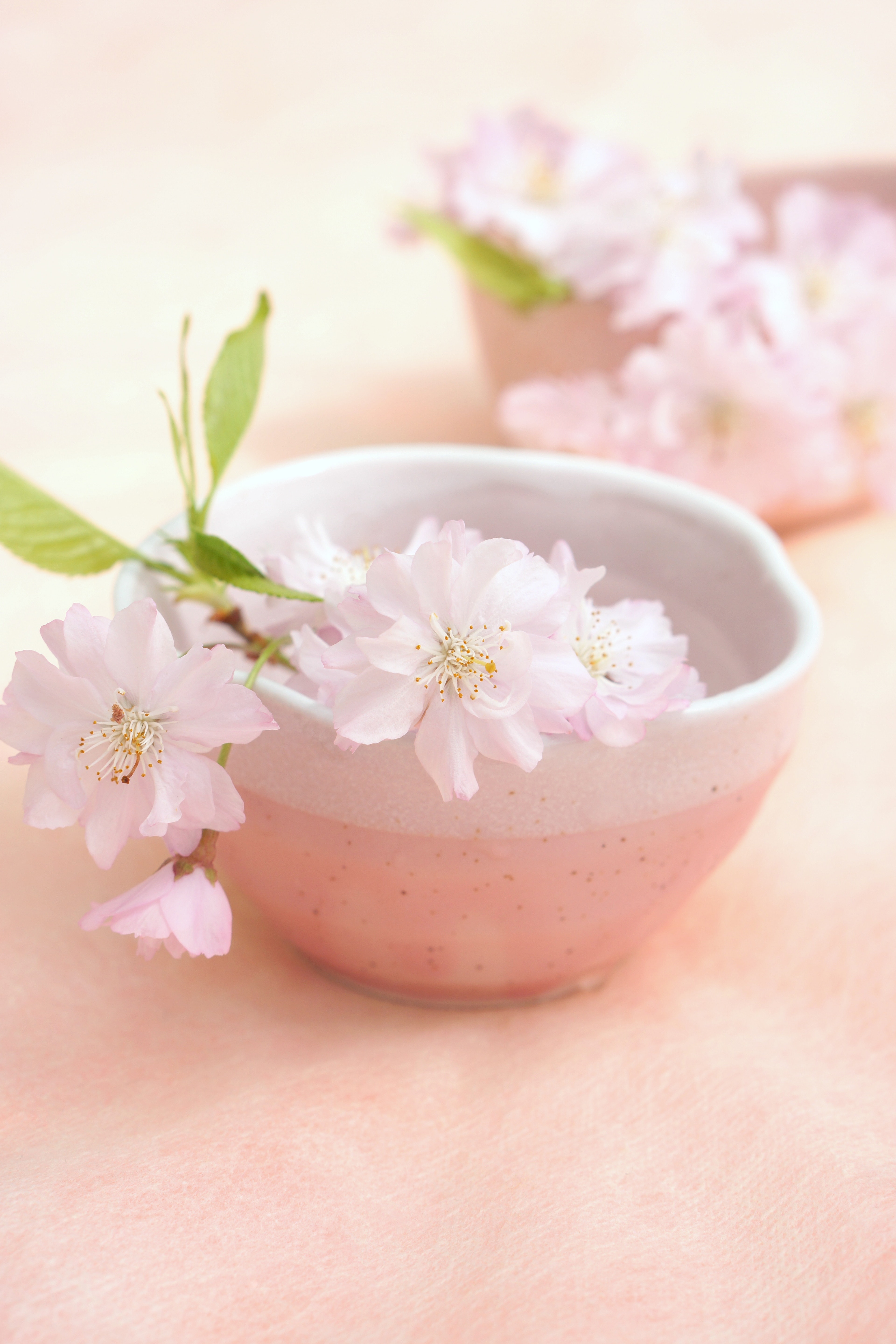 Tazón rosa lleno de flores de cerezo sobre un fondo suave