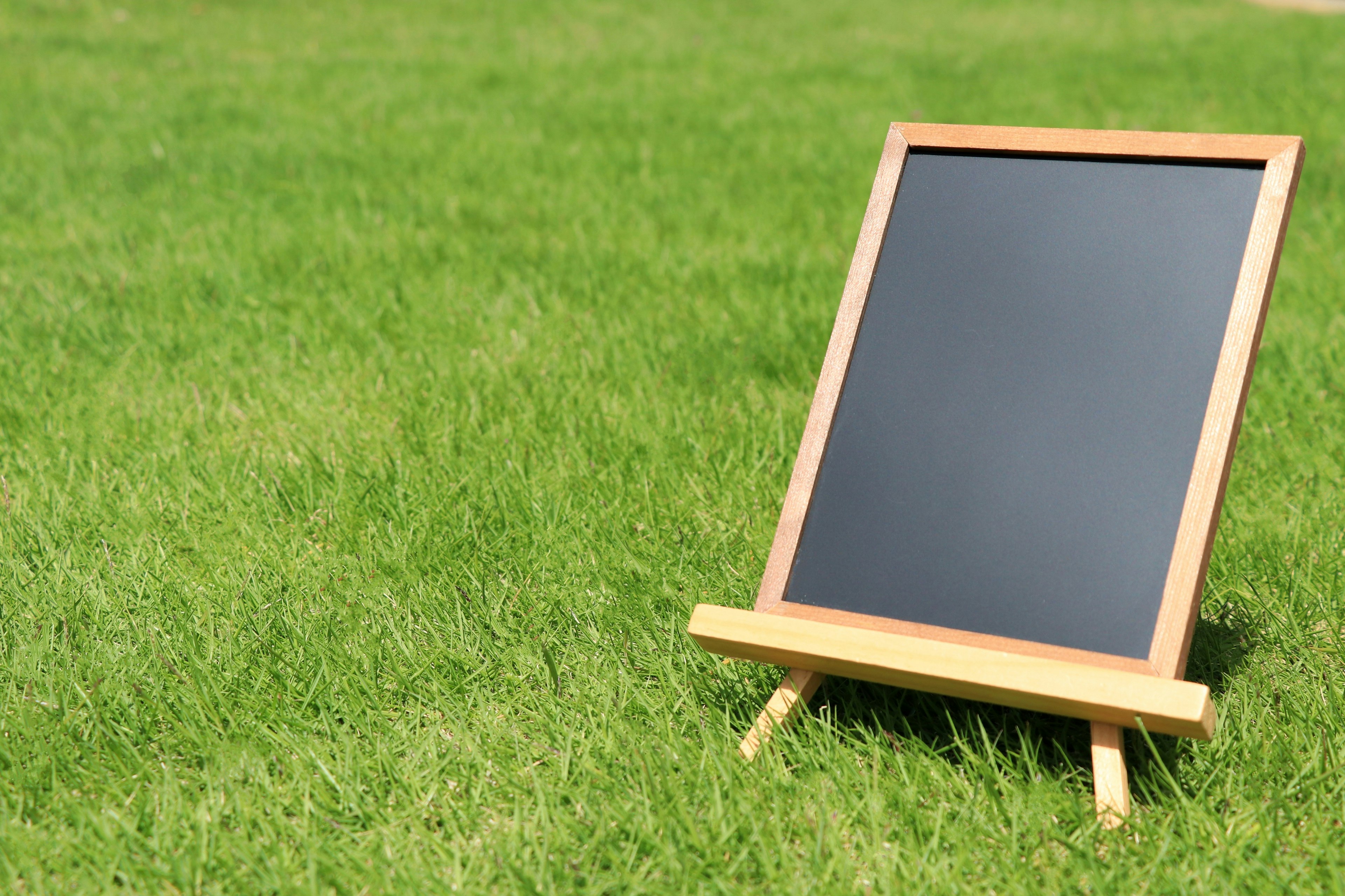 A wooden chalkboard placed on green grass