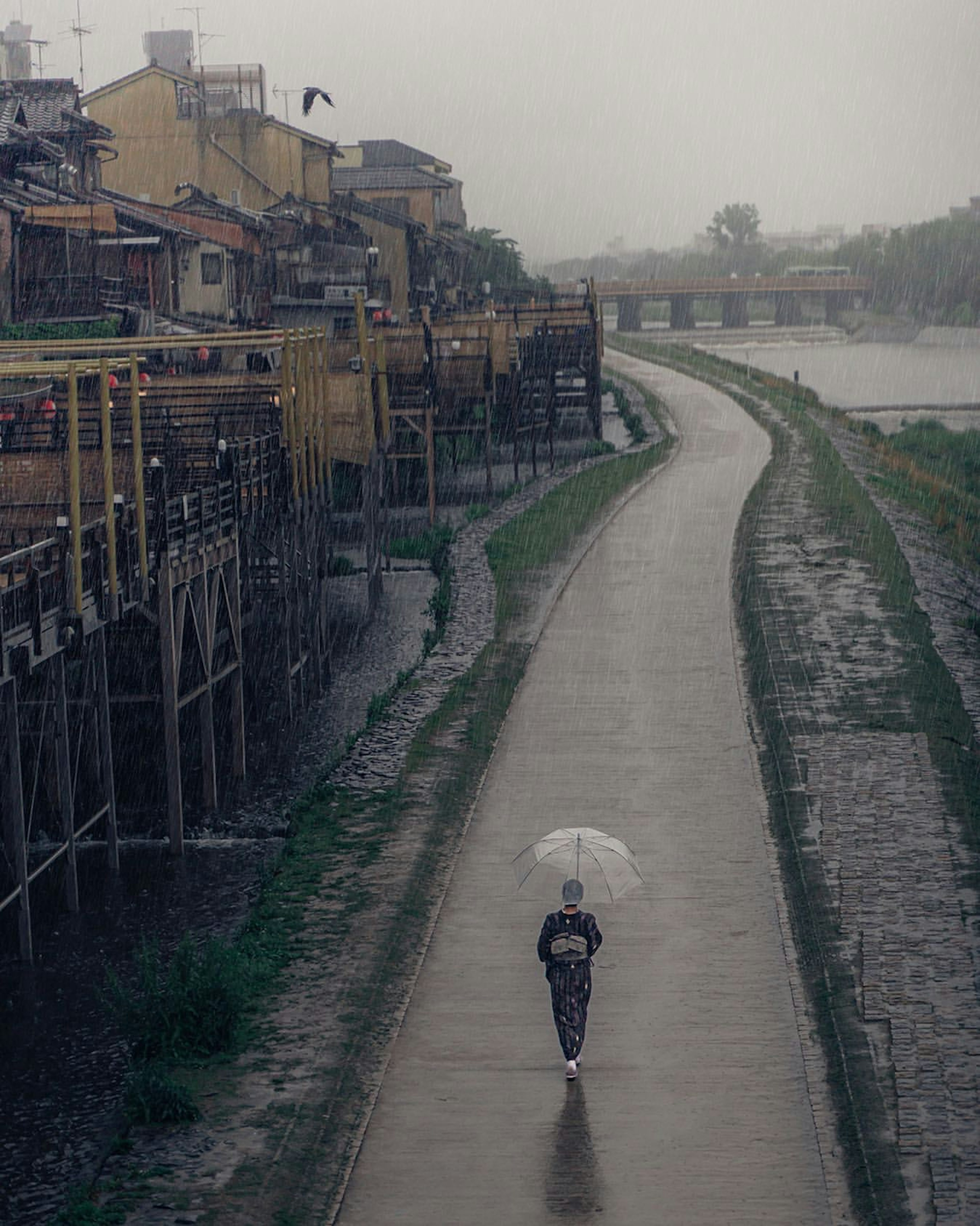 雨の中で傘を持った人物が歩く風景 古い建物が並ぶ川沿いの道