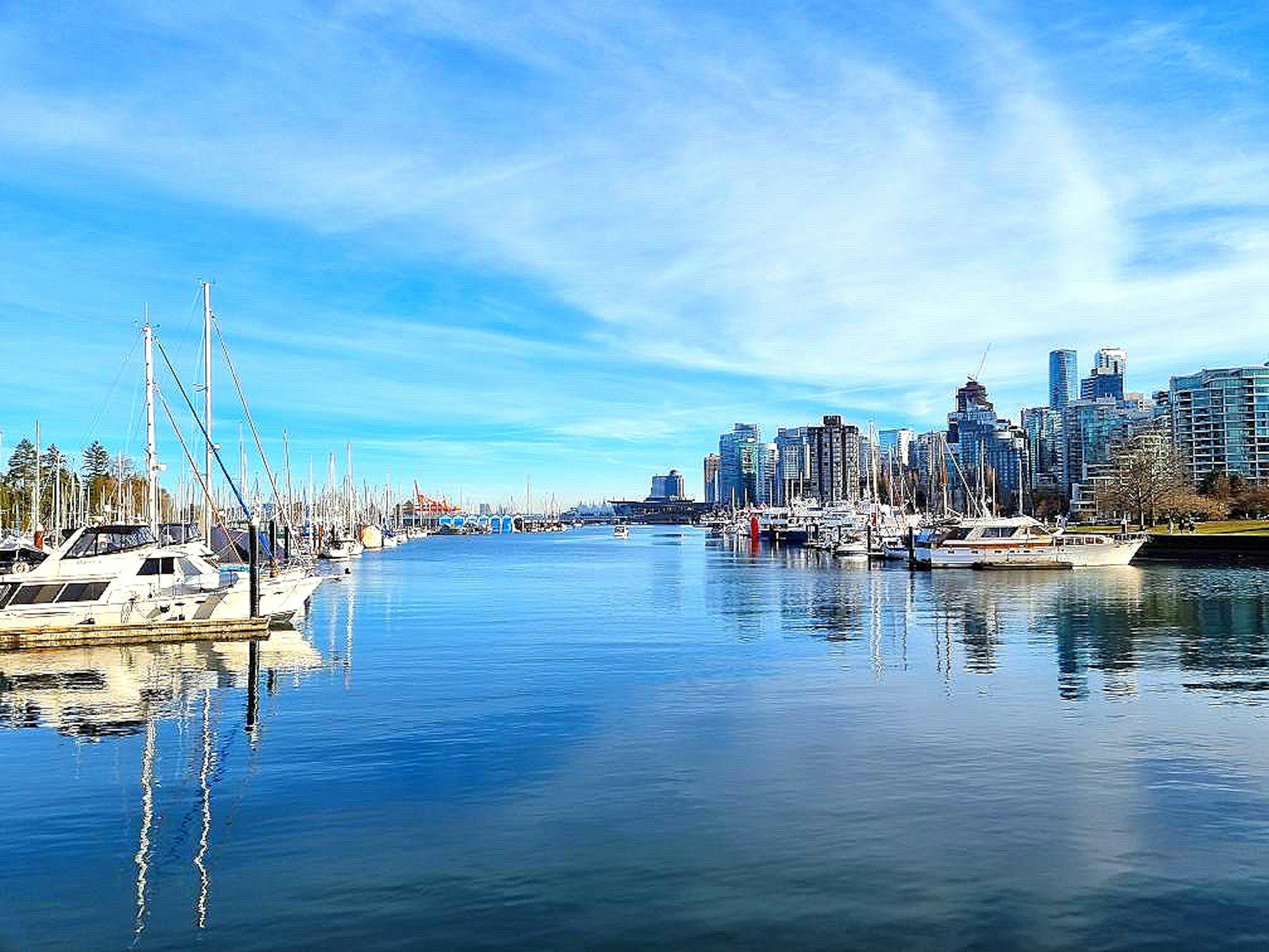 Sunny sky reflecting on calm waters featuring Vancouver skyline and yachts