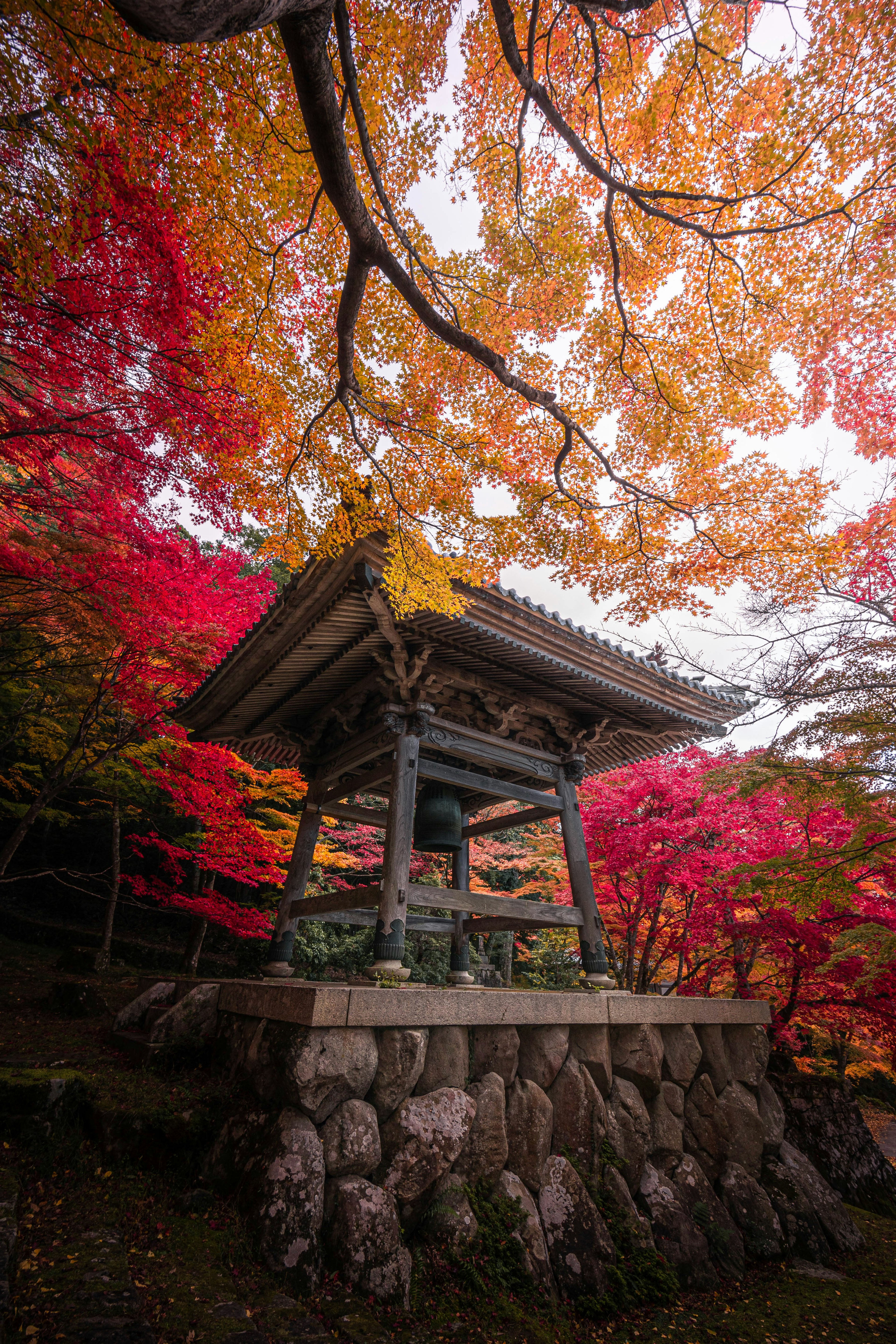 Tour de cloche japonaise traditionnelle entourée de feuilles d'automne vibrantes