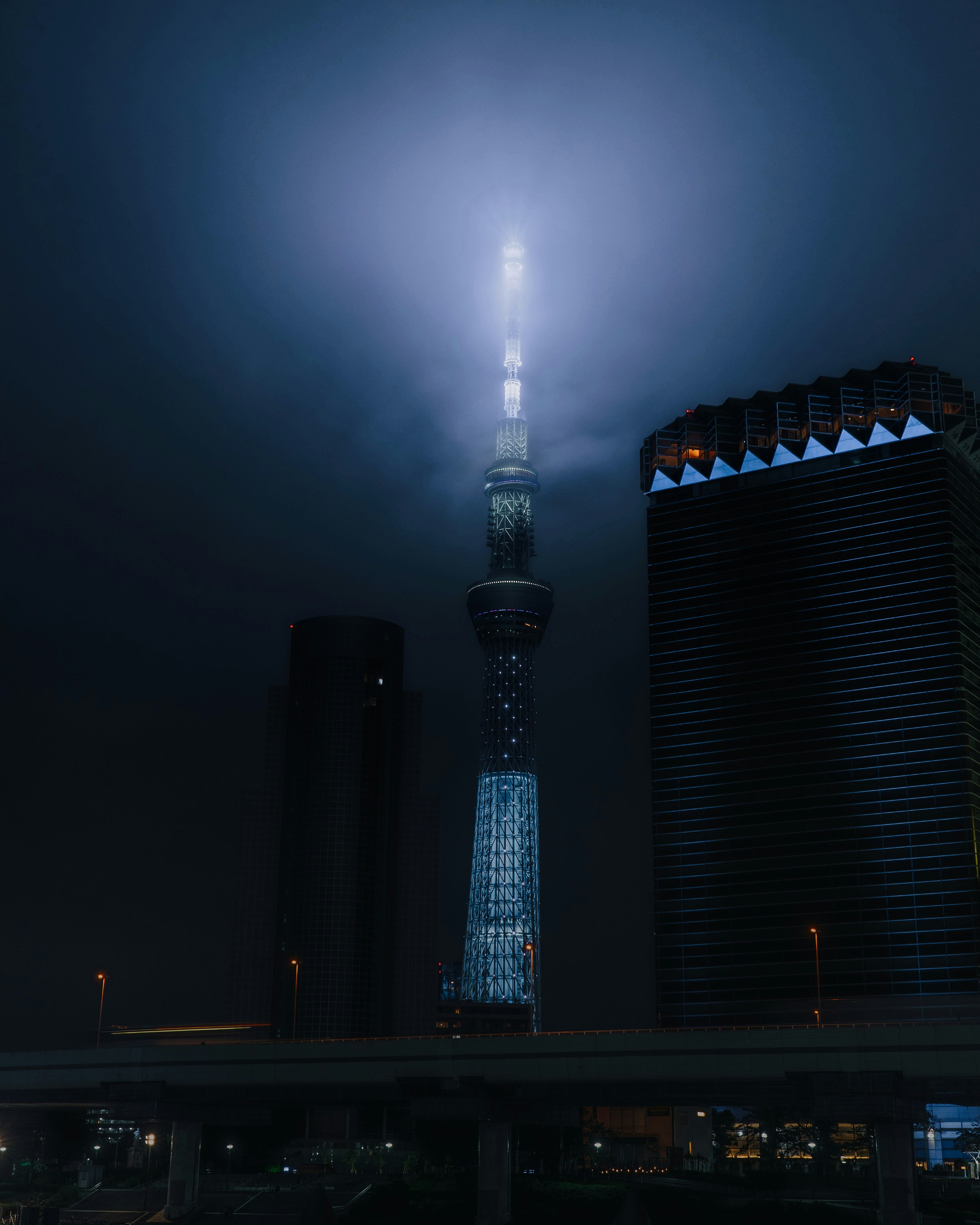 Tokyo Skytree illuminato in un'atmosfera notturna nebbiosa