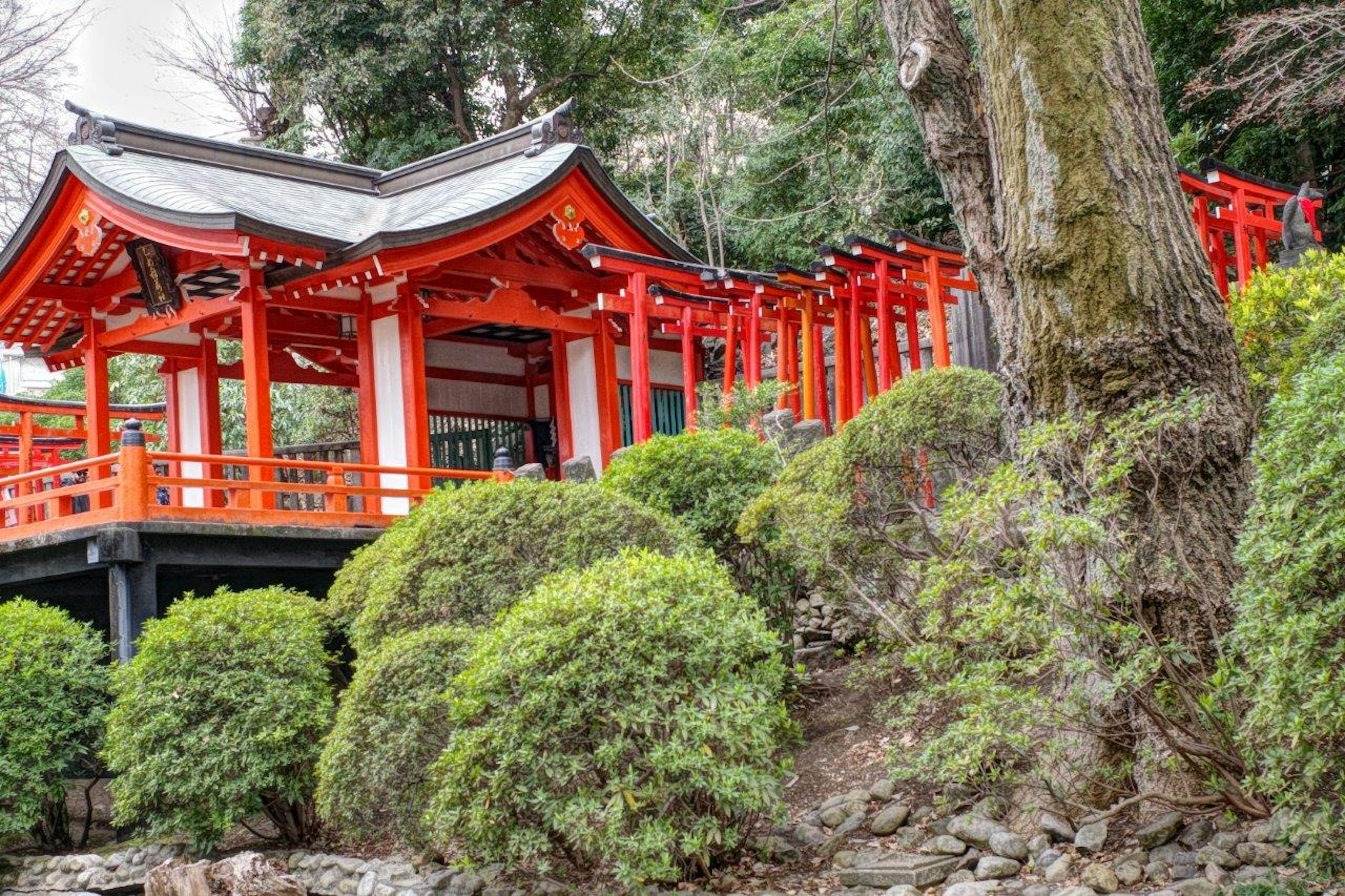 赤い神社の建物と緑の木々が特徴的な風景