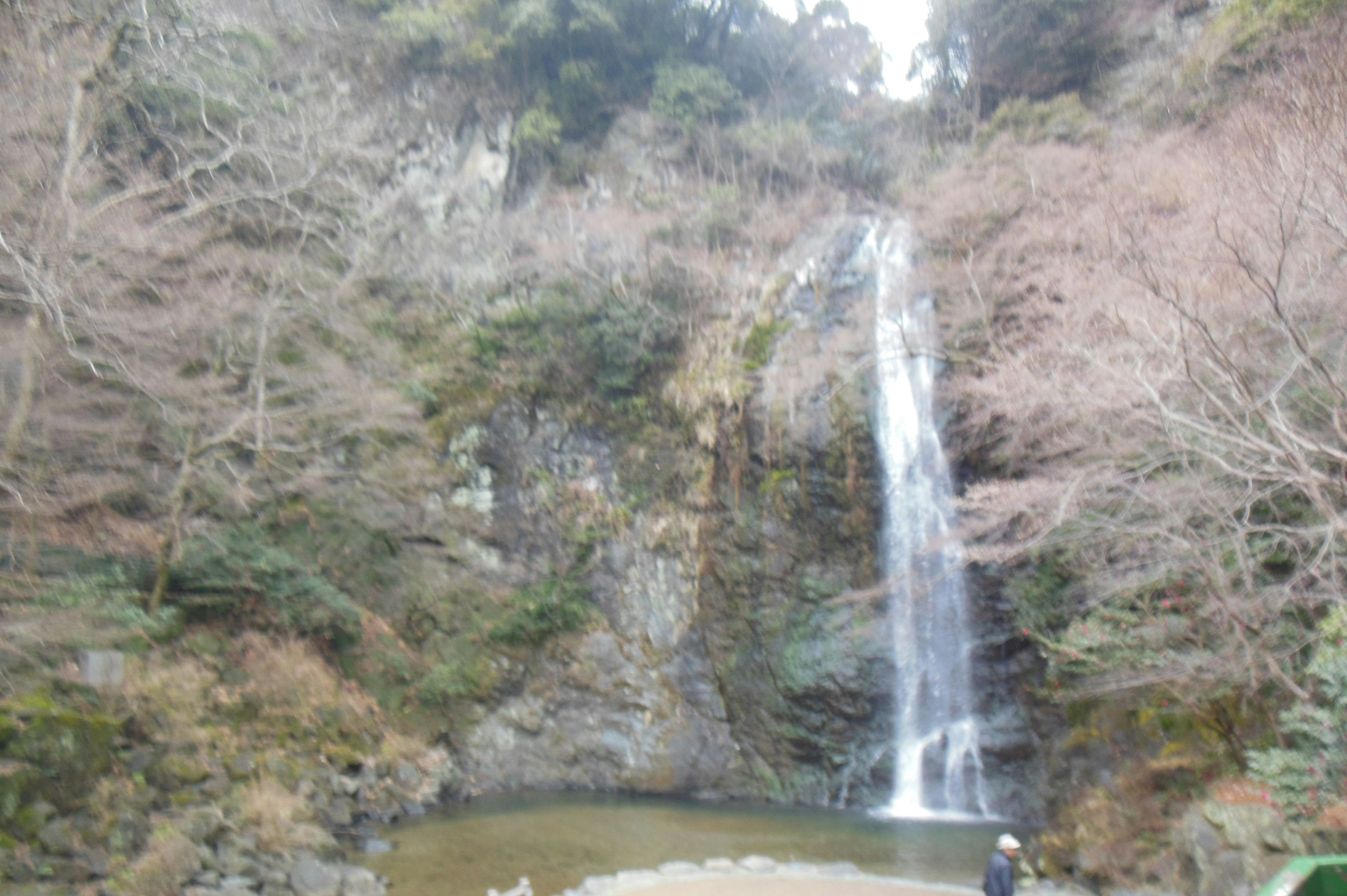 Sebuah air terjun yang indah mengalir di lingkungan alami dengan seseorang berdiri di dekatnya