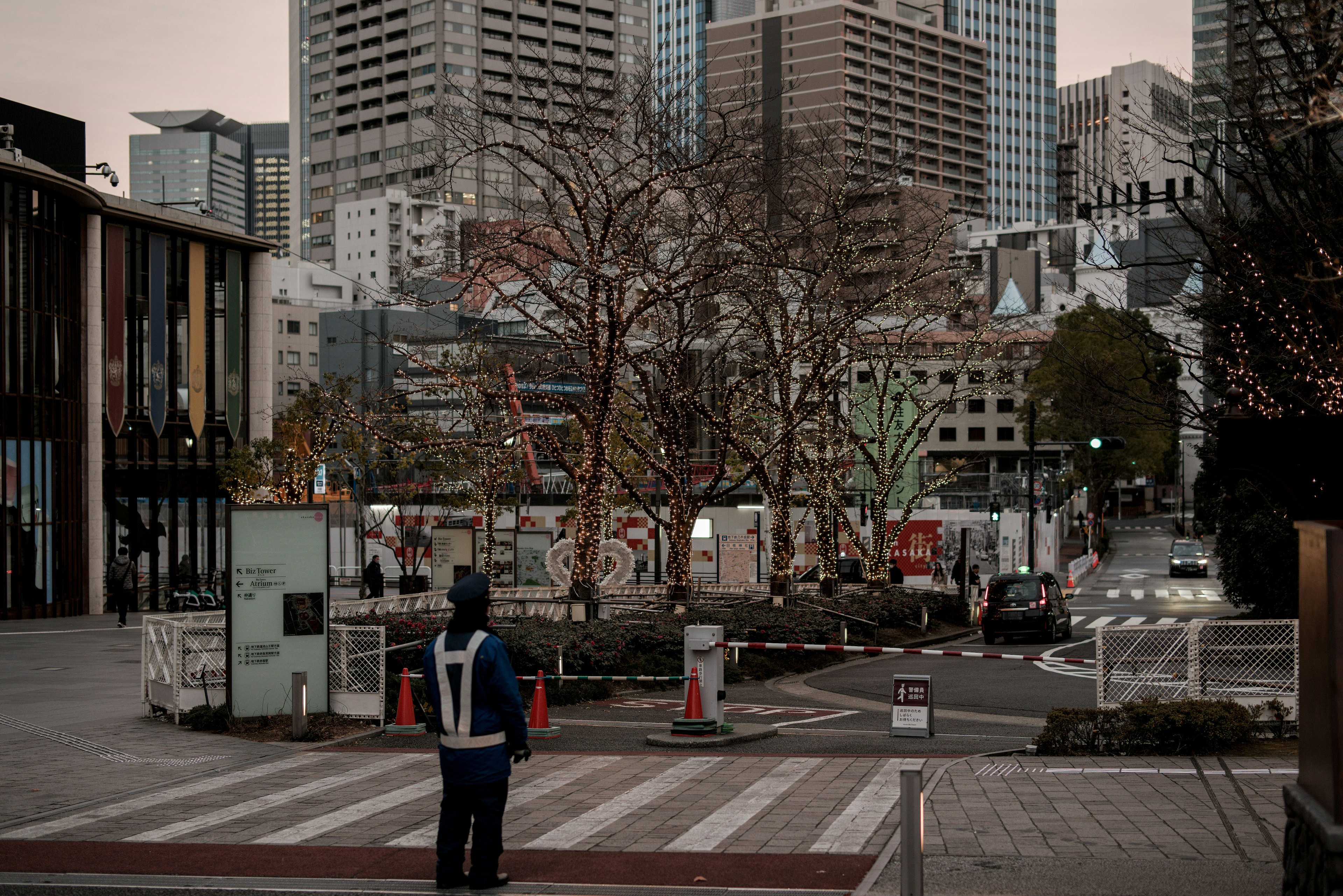 Un paisaje urbano con una persona de pie en un cruce peatonal