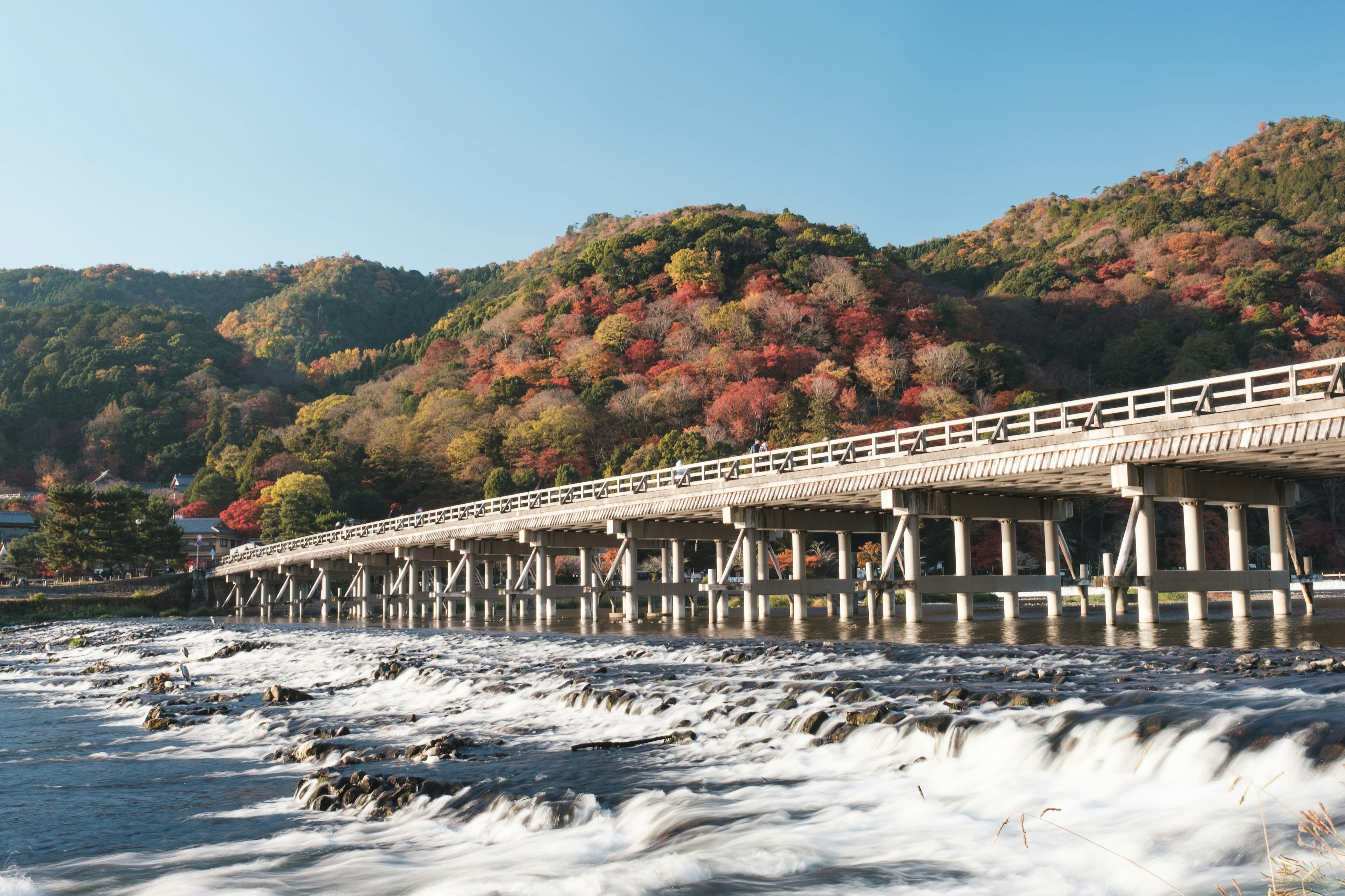 Immagine di un ponte che attraversa un fiume con un fogliame autunnale vibrante sullo sfondo