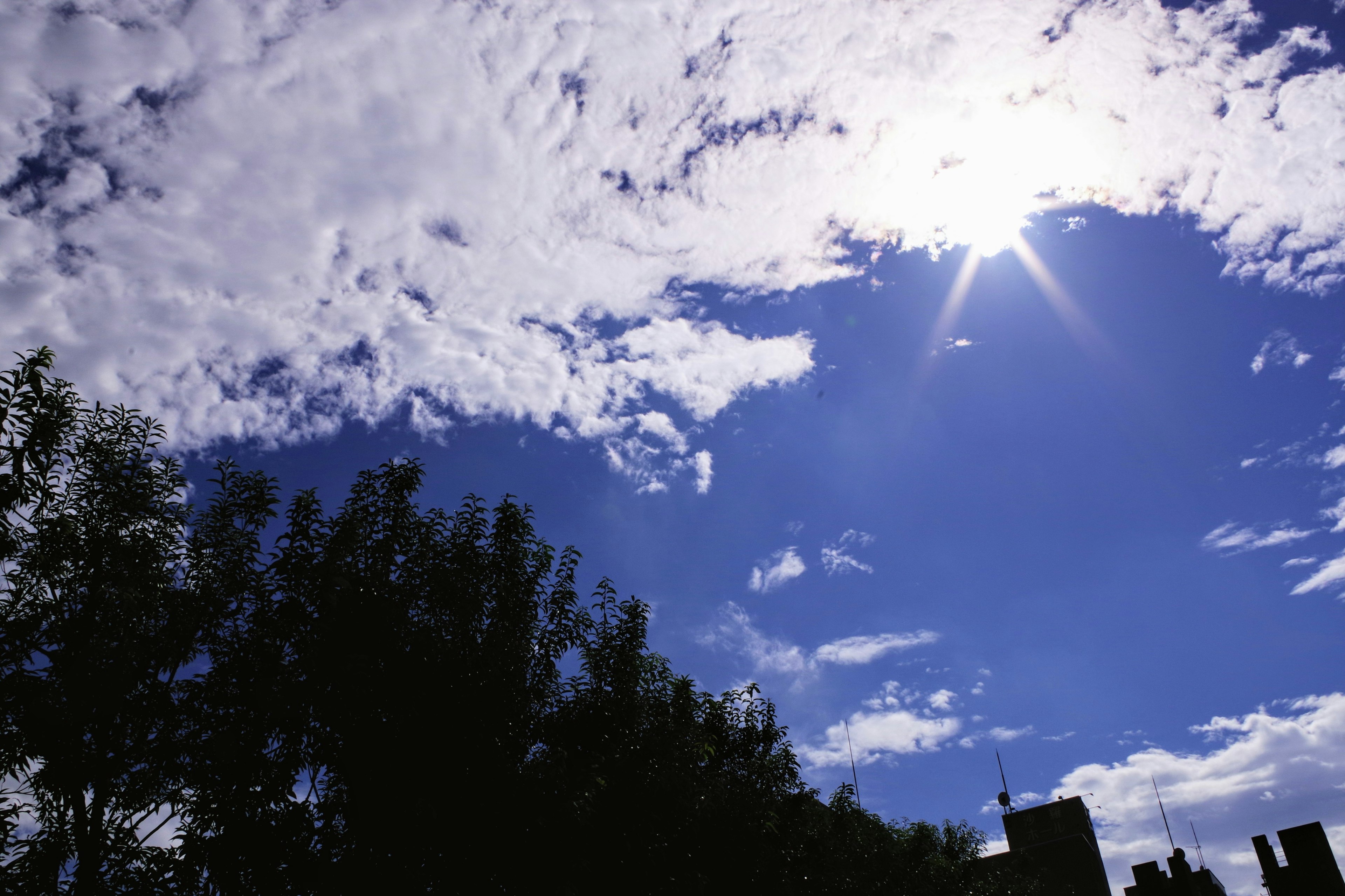 青空と白い雲を背景にした太陽の光