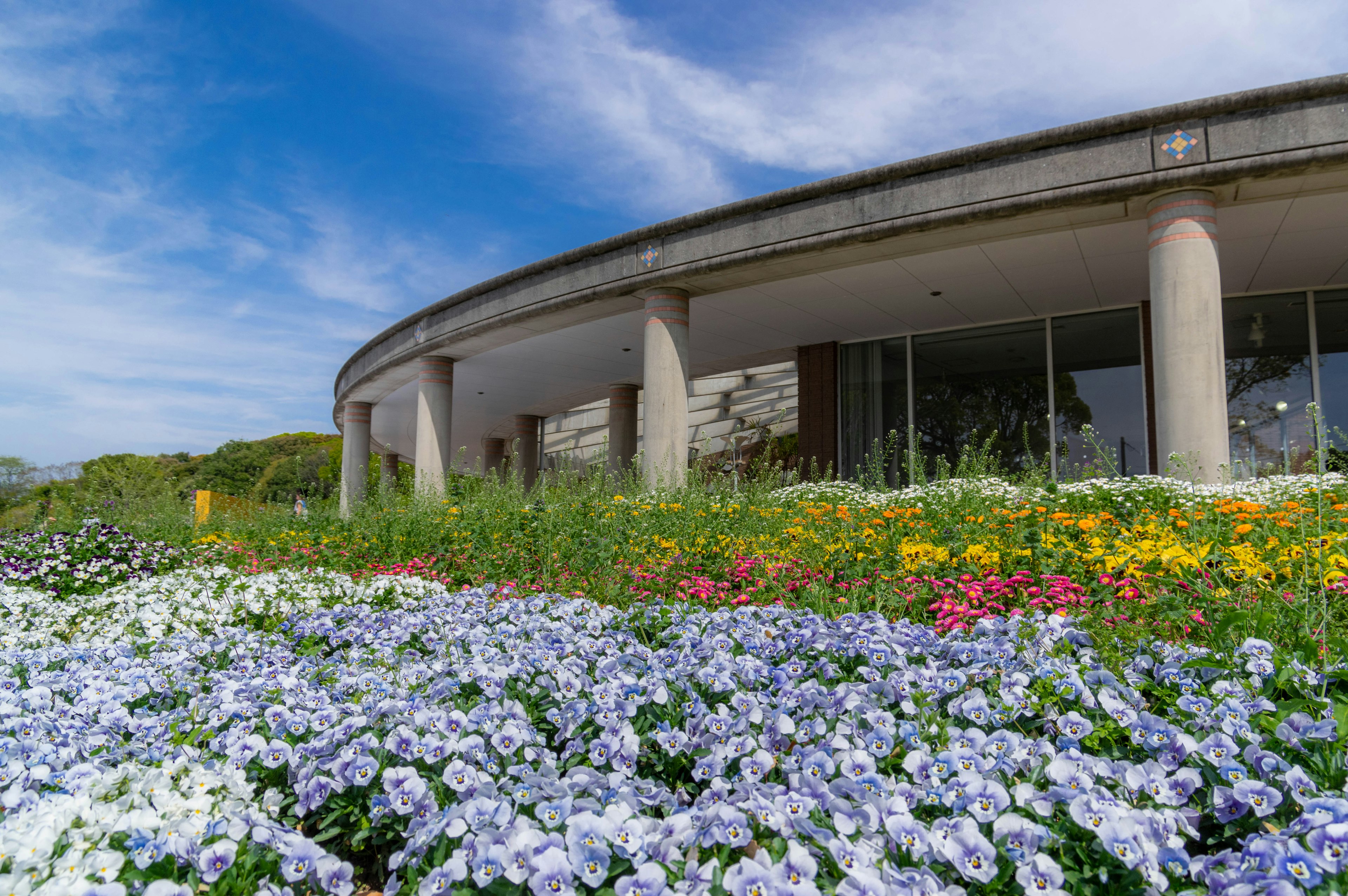 Außenansicht eines modernen Gebäudes umgeben von blühenden Blumen