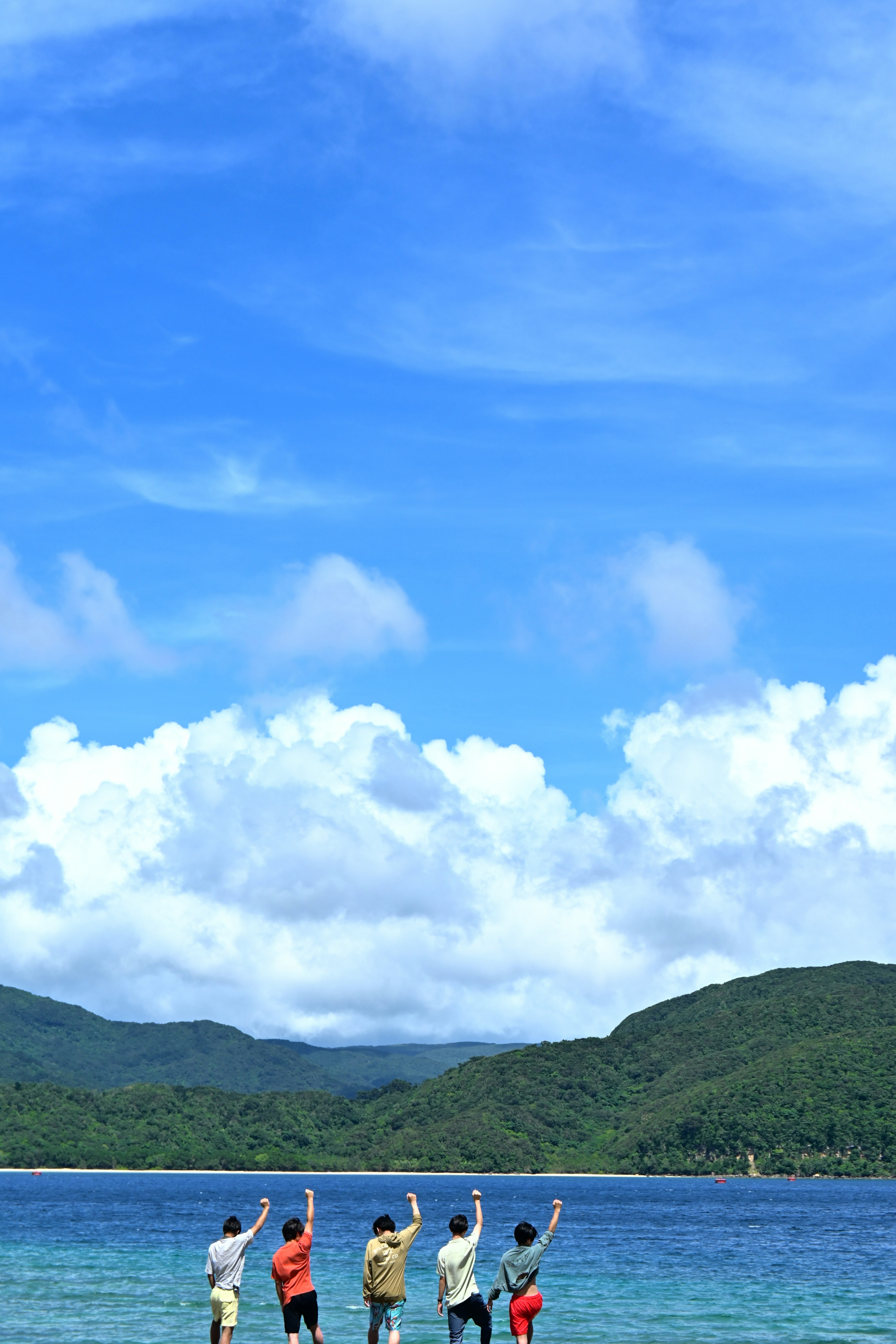 Cinco personas saludando al mar bajo un cielo azul con nubes blancas