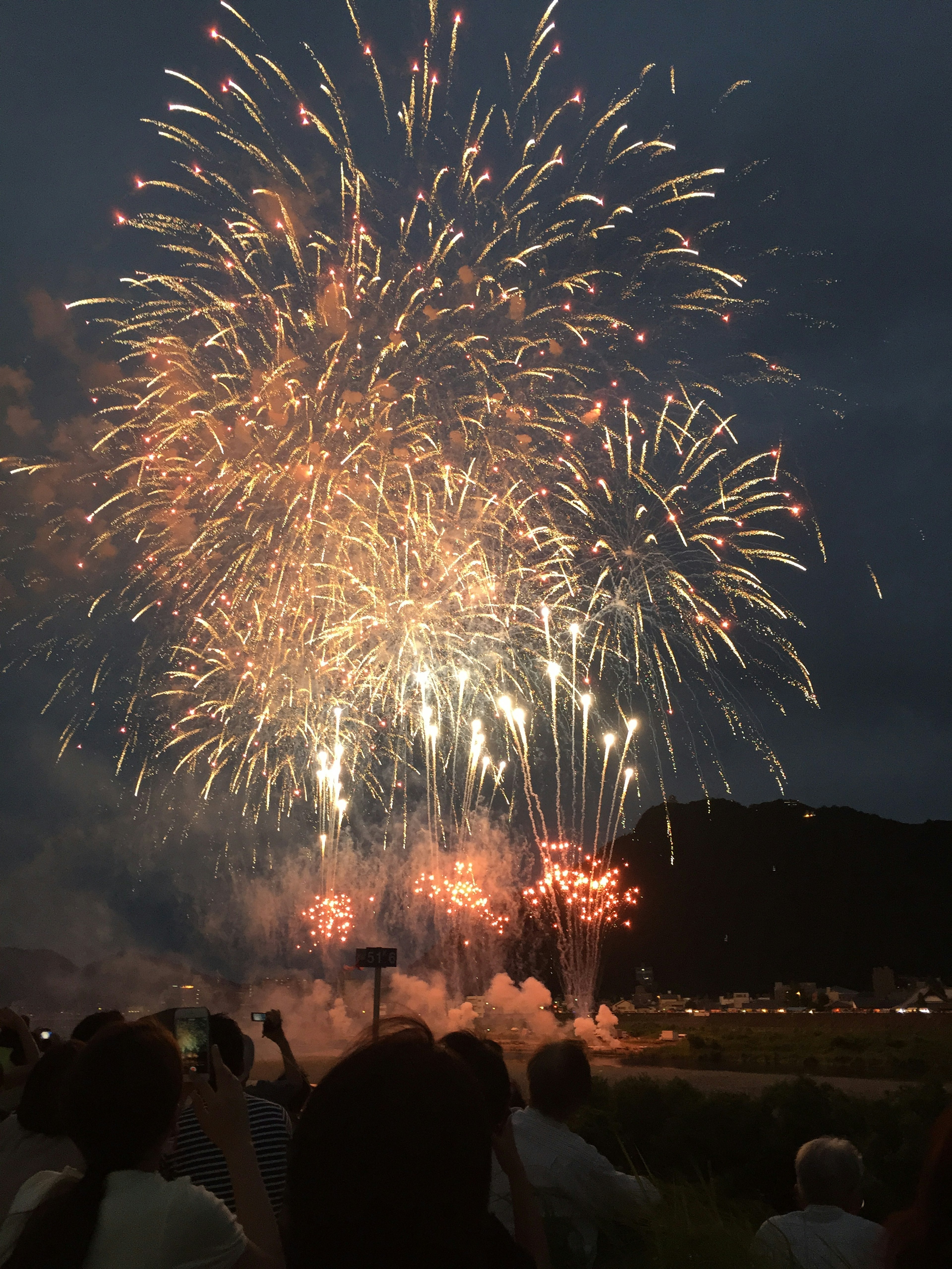 Spettacolo di fuochi d'artificio che illumina il cielo notturno con spettatori