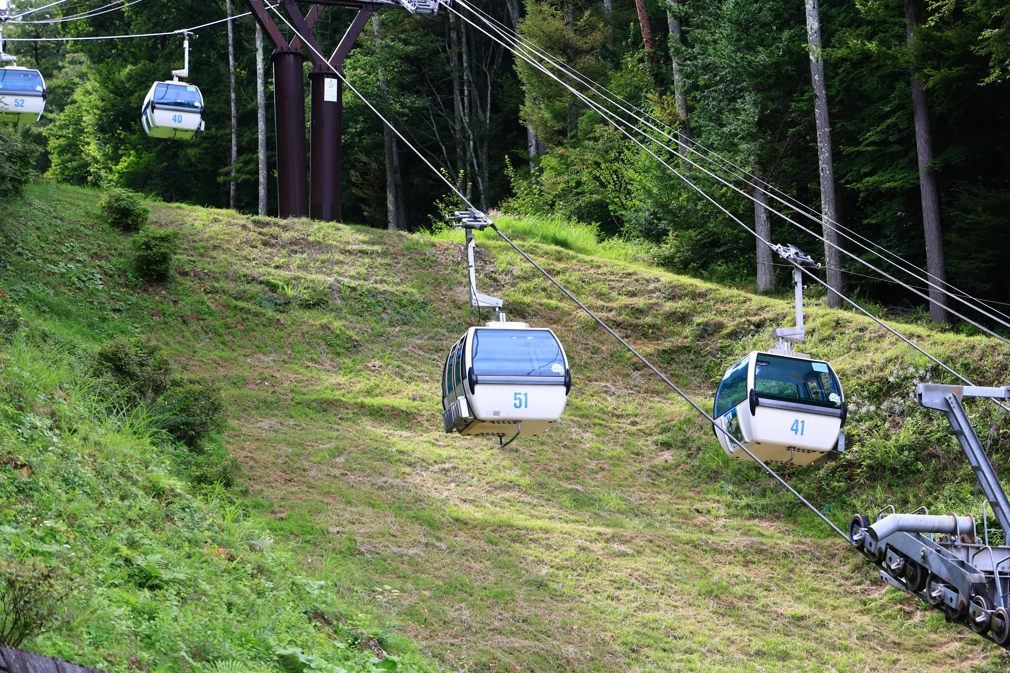 Malersiche Aussicht auf eine Gondelbahn, die durch grüne Berge fährt