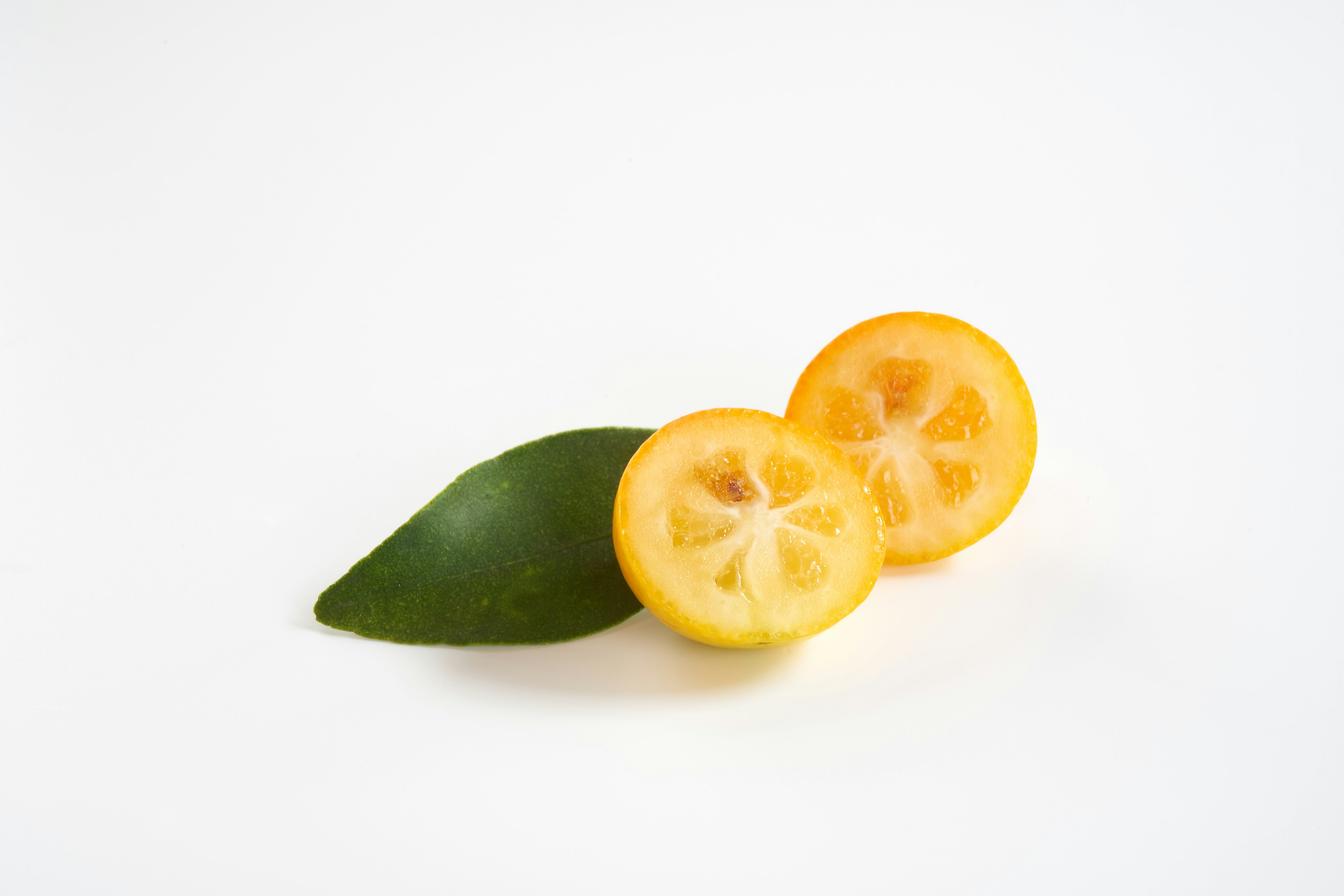 Fruta de calamondin en rodajas con una hoja verde sobre fondo blanco