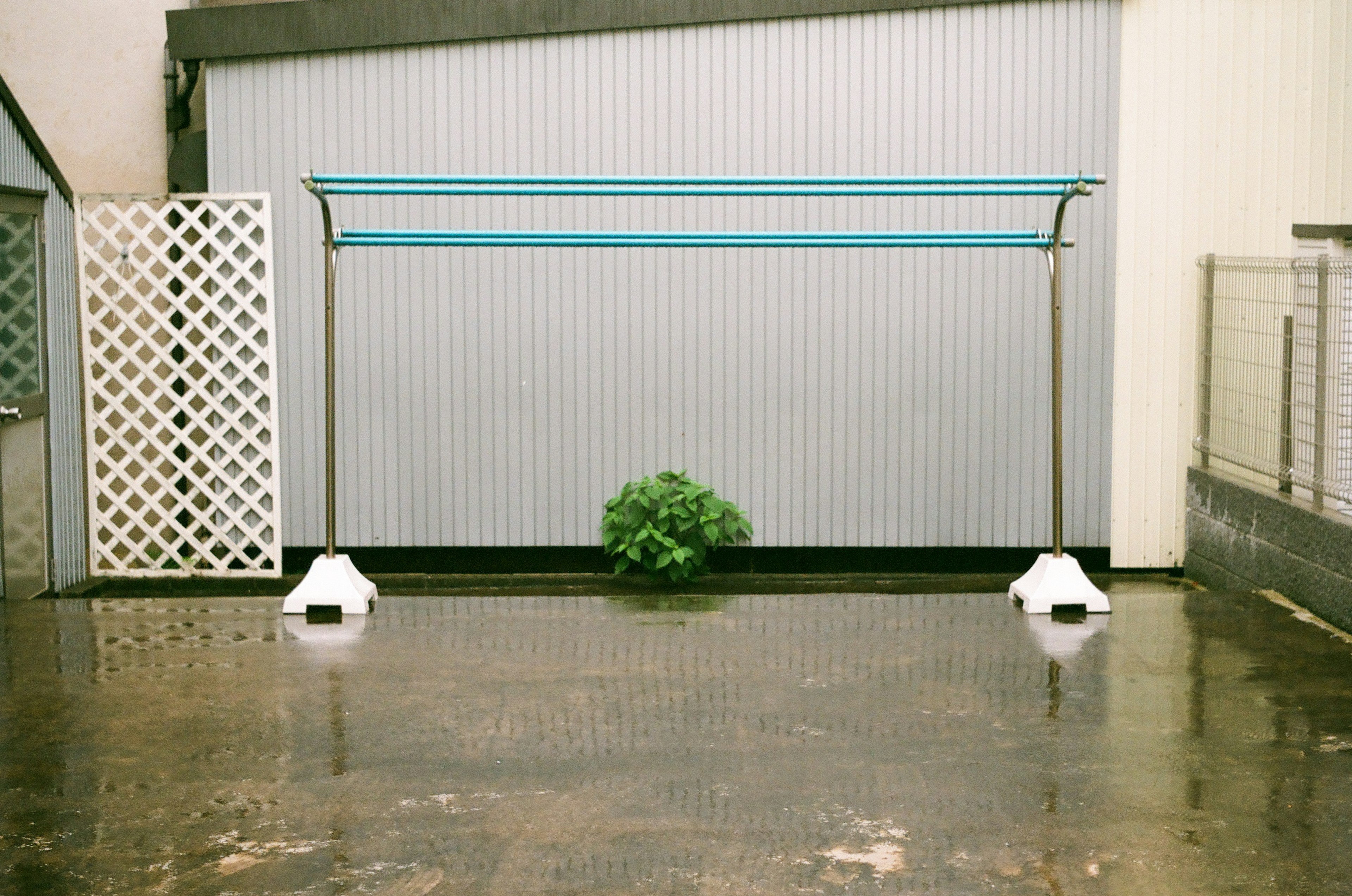 Wet ground scene featuring a blue pipe drying rack and a white fence