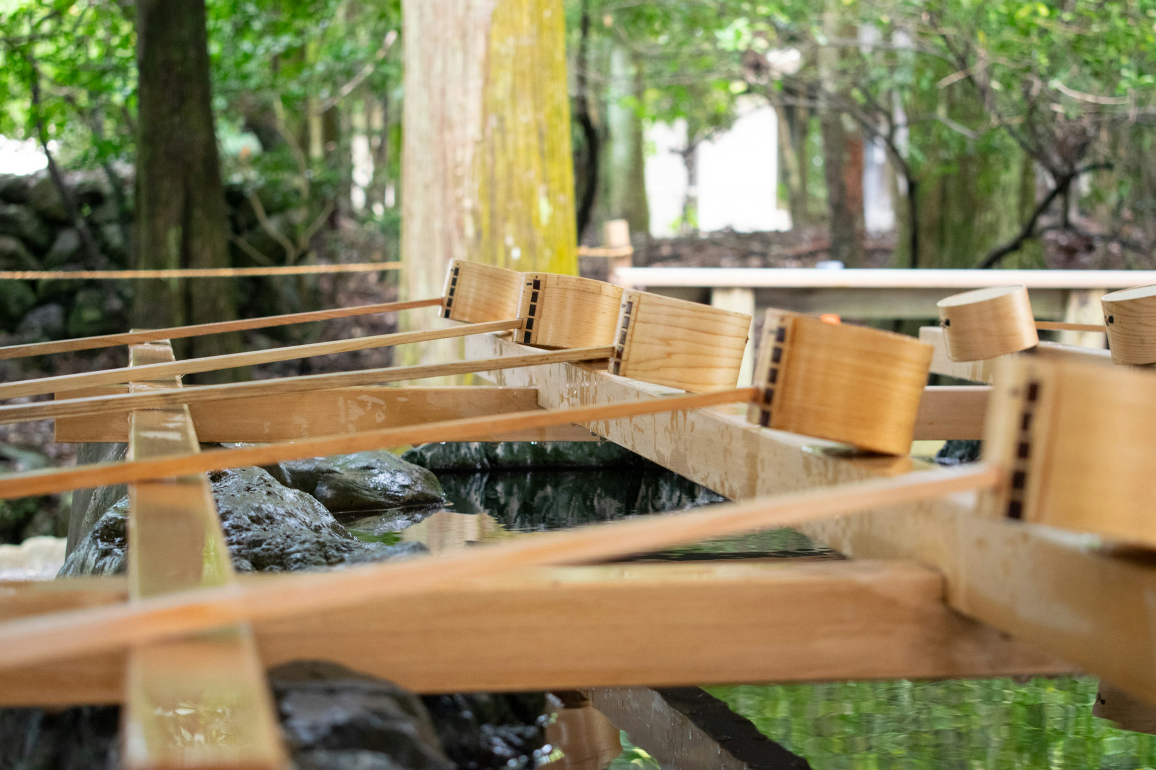 Estación de lavado de madera con agua fluyendo en un entorno verde