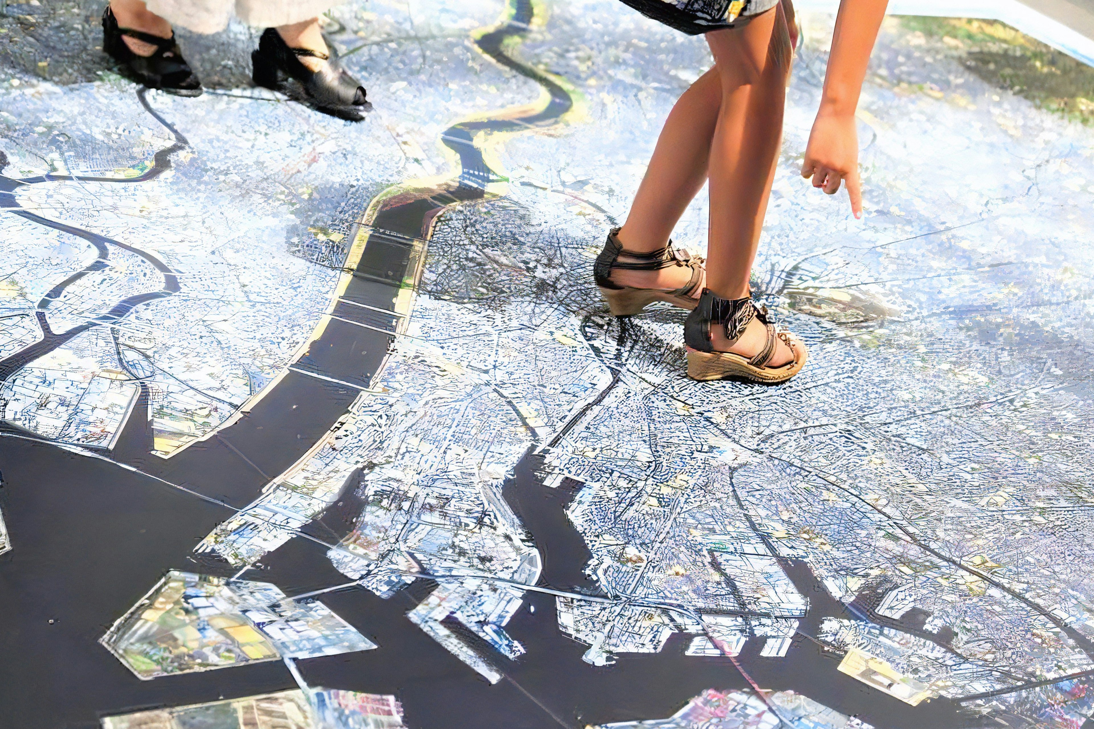 Image showing a child pointing at a large city map while an adult stands nearby