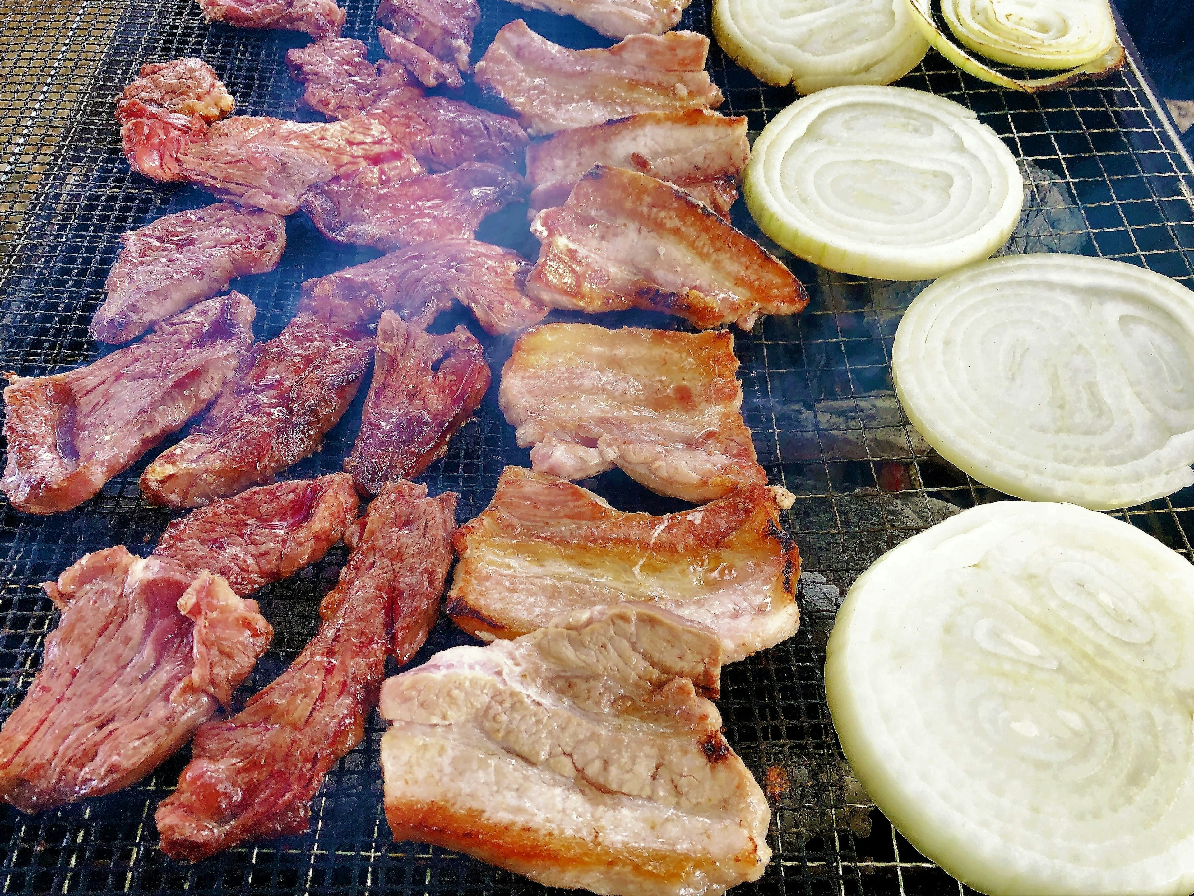 Grilled meat and onions on a barbecue grill