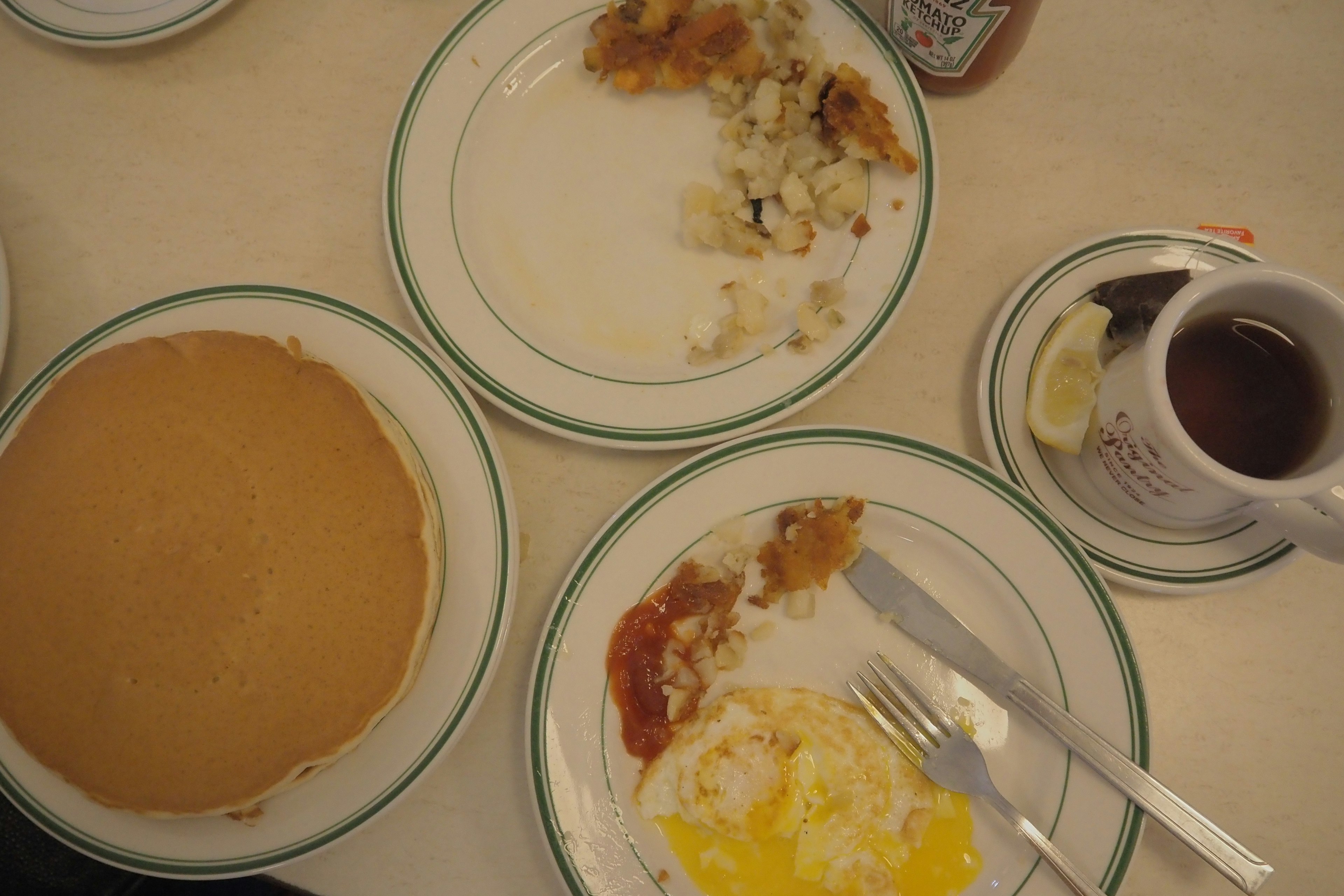 Breakfast plates featuring pancakes eggs and side dishes