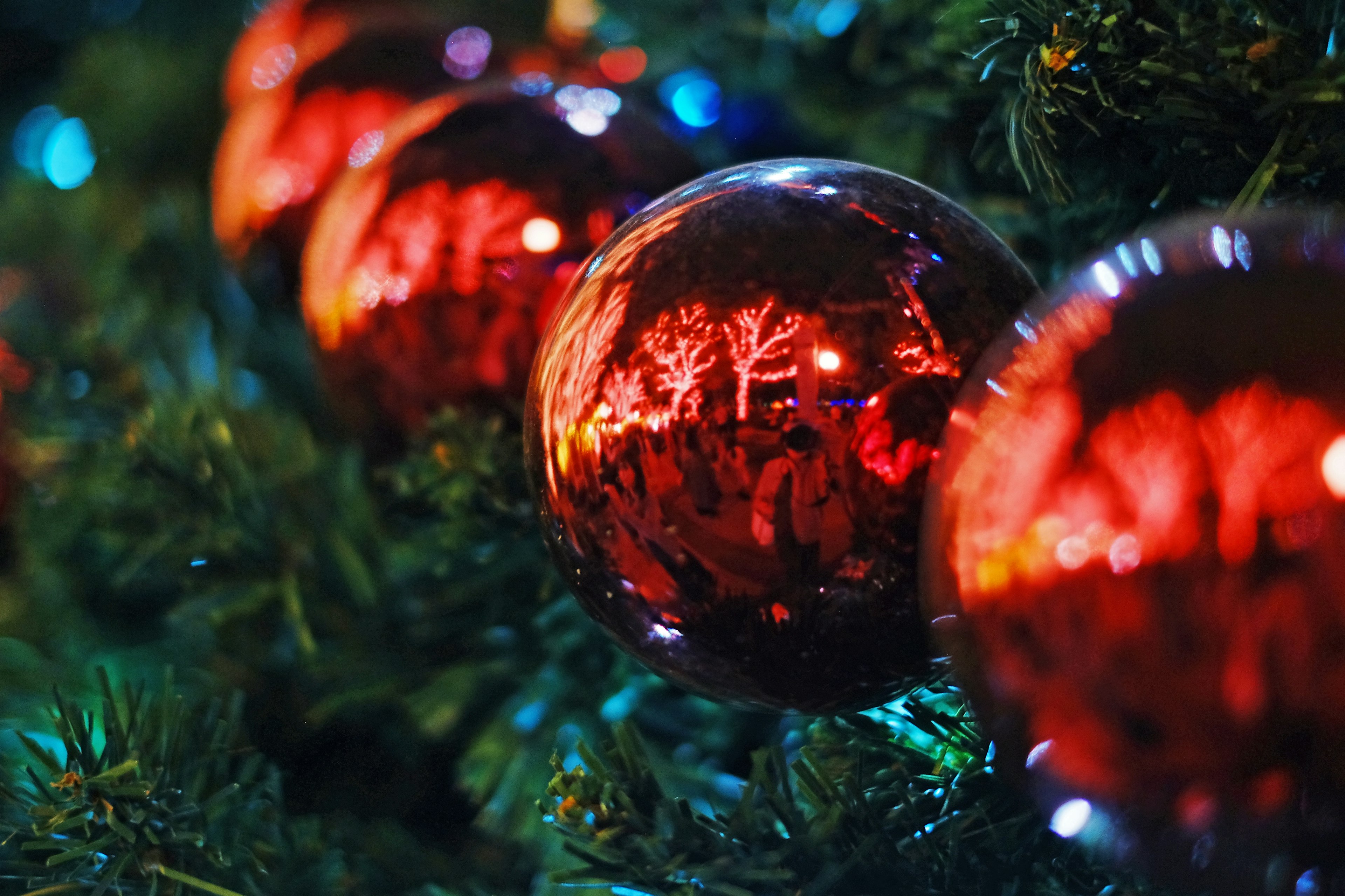 Adornos rojos brillantes en un árbol de Navidad