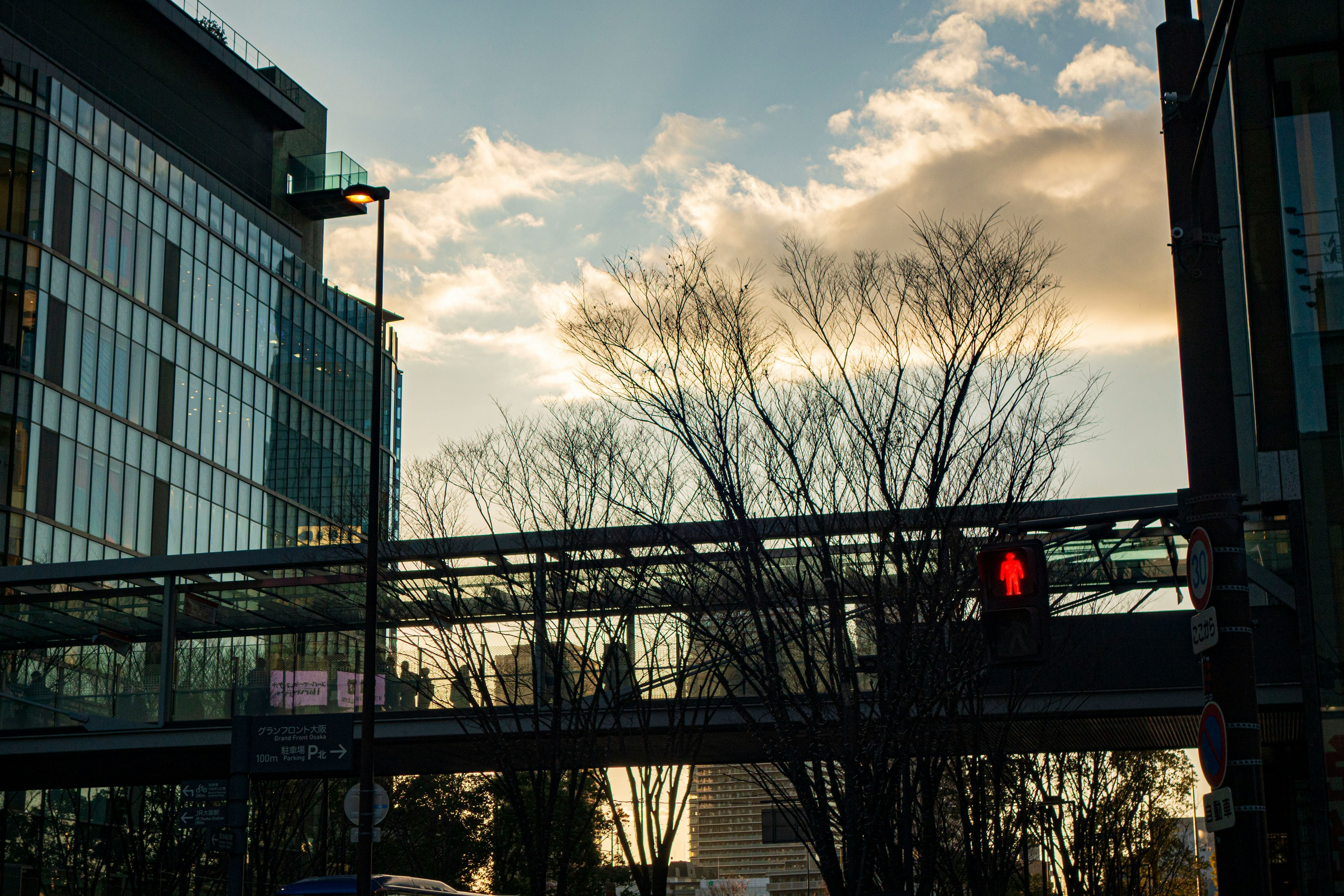 Silhouette of buildings and pedestrian bridge at dusk with red traffic light