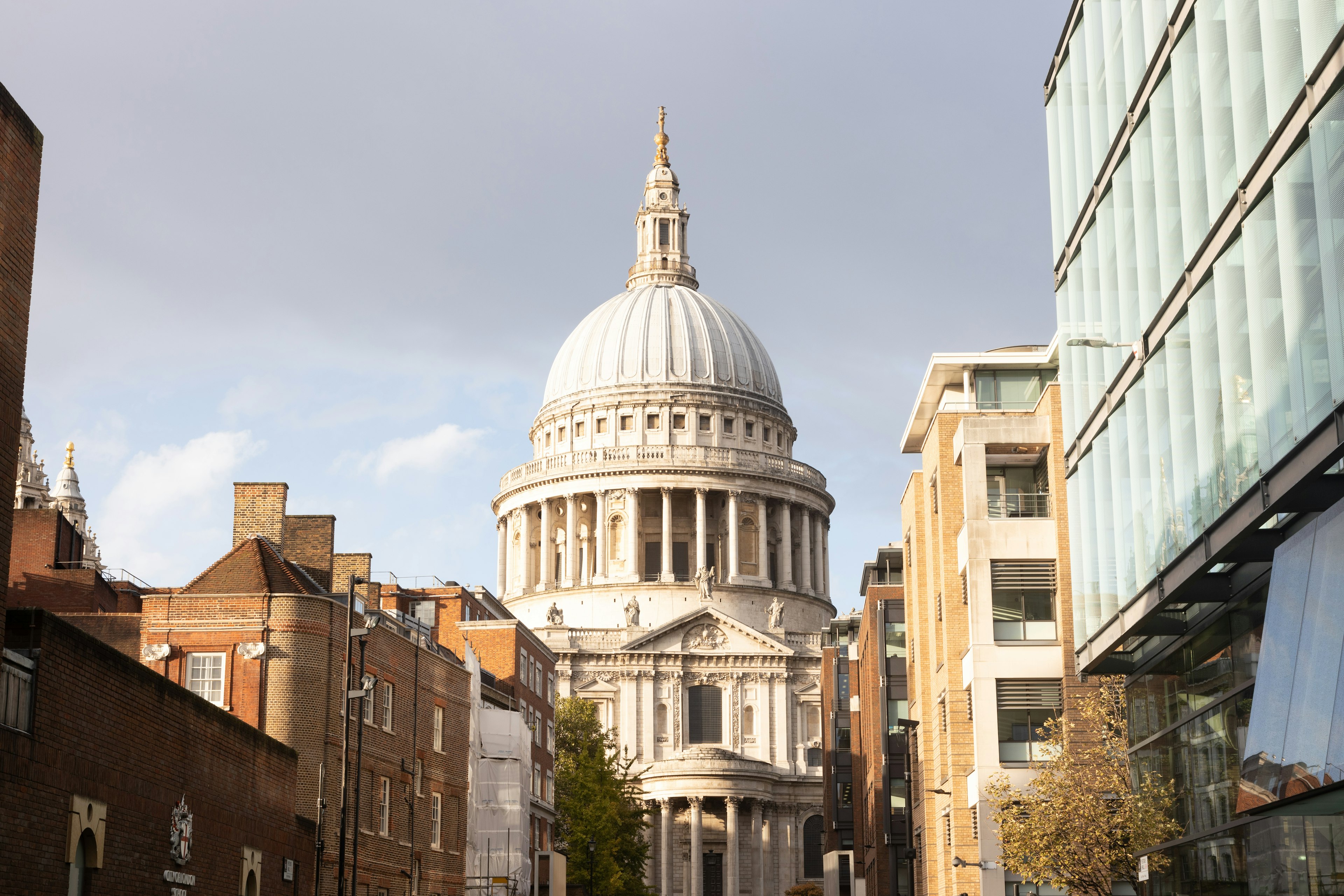 Dome of St Paul's Cathedral in London with surrounding buildings