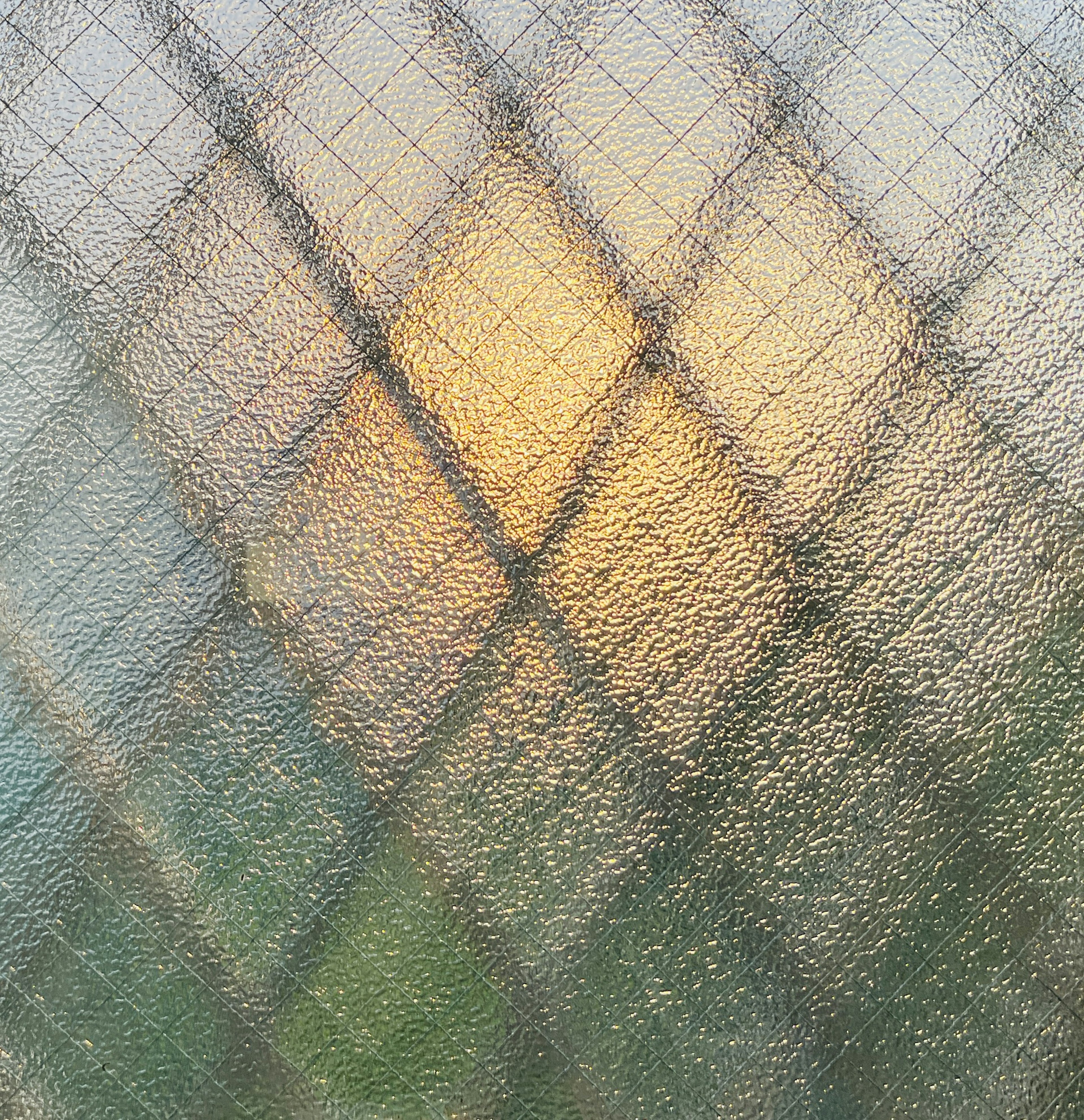 Textured glass reflecting the light of the sunset and green scenery