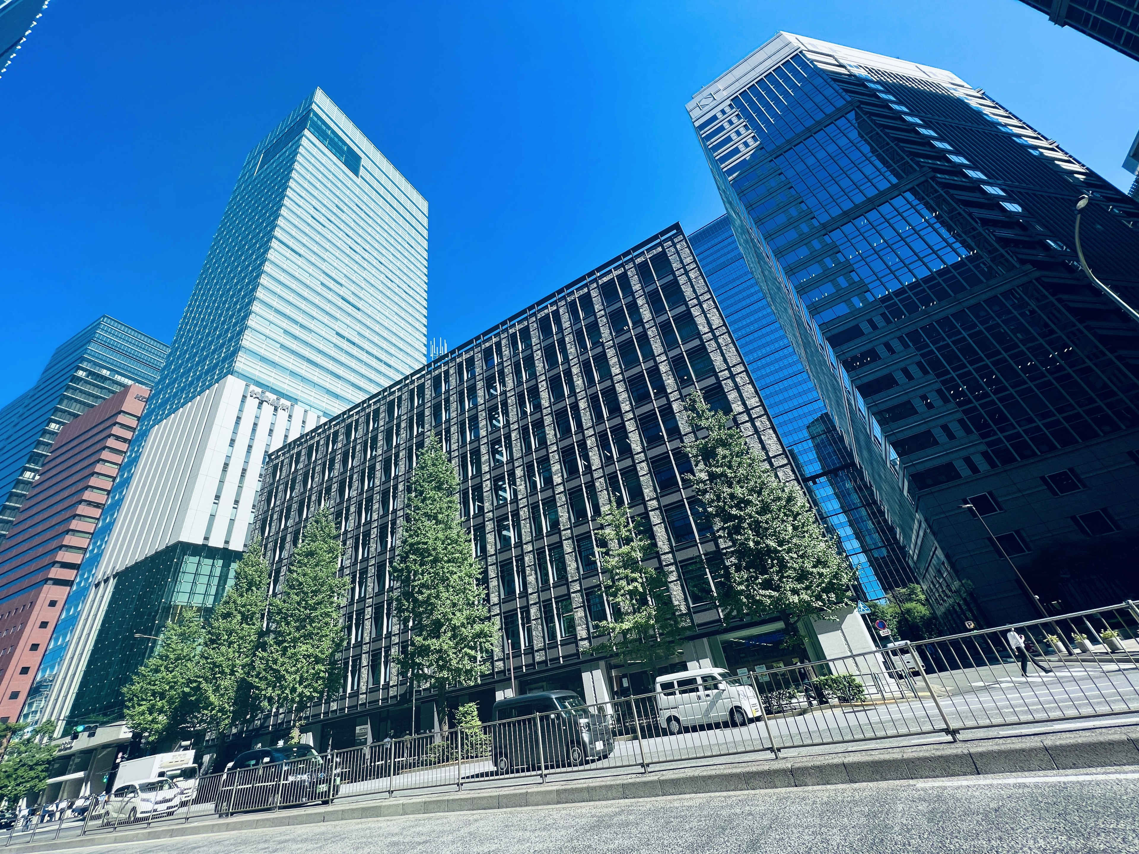 Urban skyline featuring tall buildings and green trees lining the street